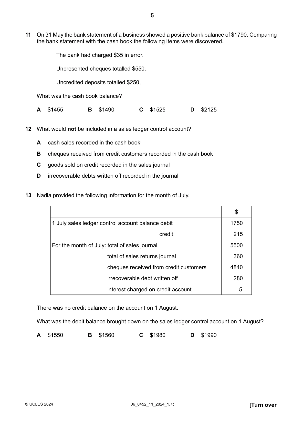 Cambridge IGCSE Accounting 0452 2024 May/June Paper 1 · Variant 1 question paper, page 5 of 12