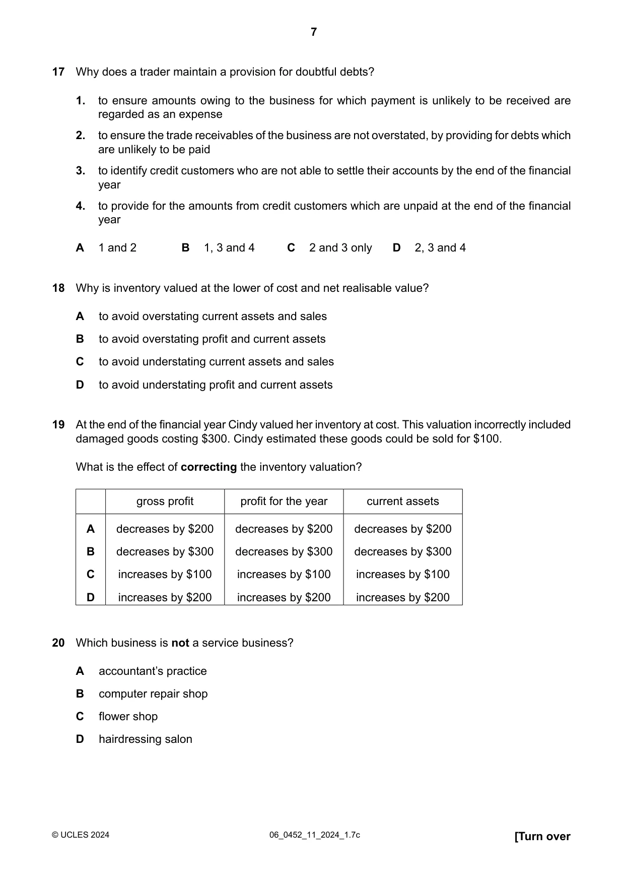 Cambridge IGCSE Accounting 0452 2024 May/June Paper 1 · Variant 1 question paper, page 7 of 12