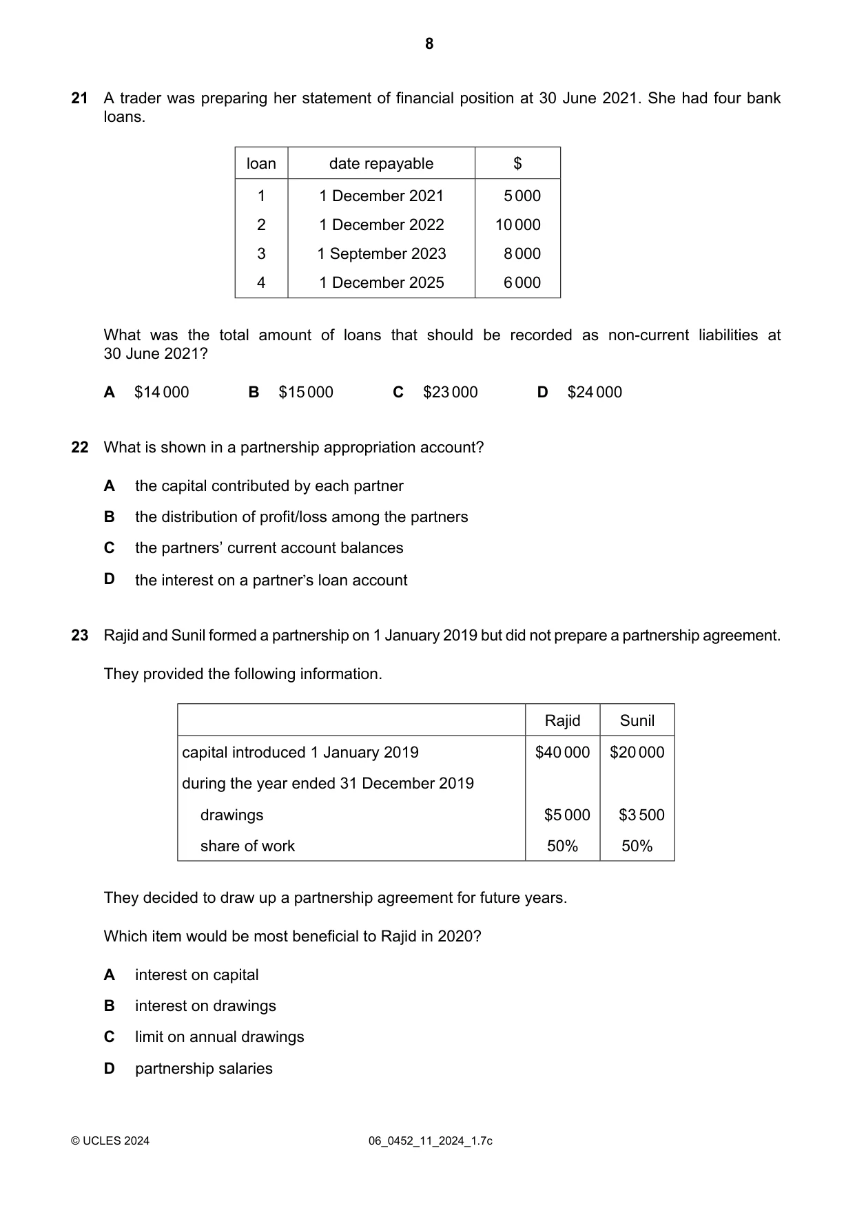 Cambridge IGCSE Accounting 0452 2024 May/June Paper 1 · Variant 1 question paper, page 8 of 12