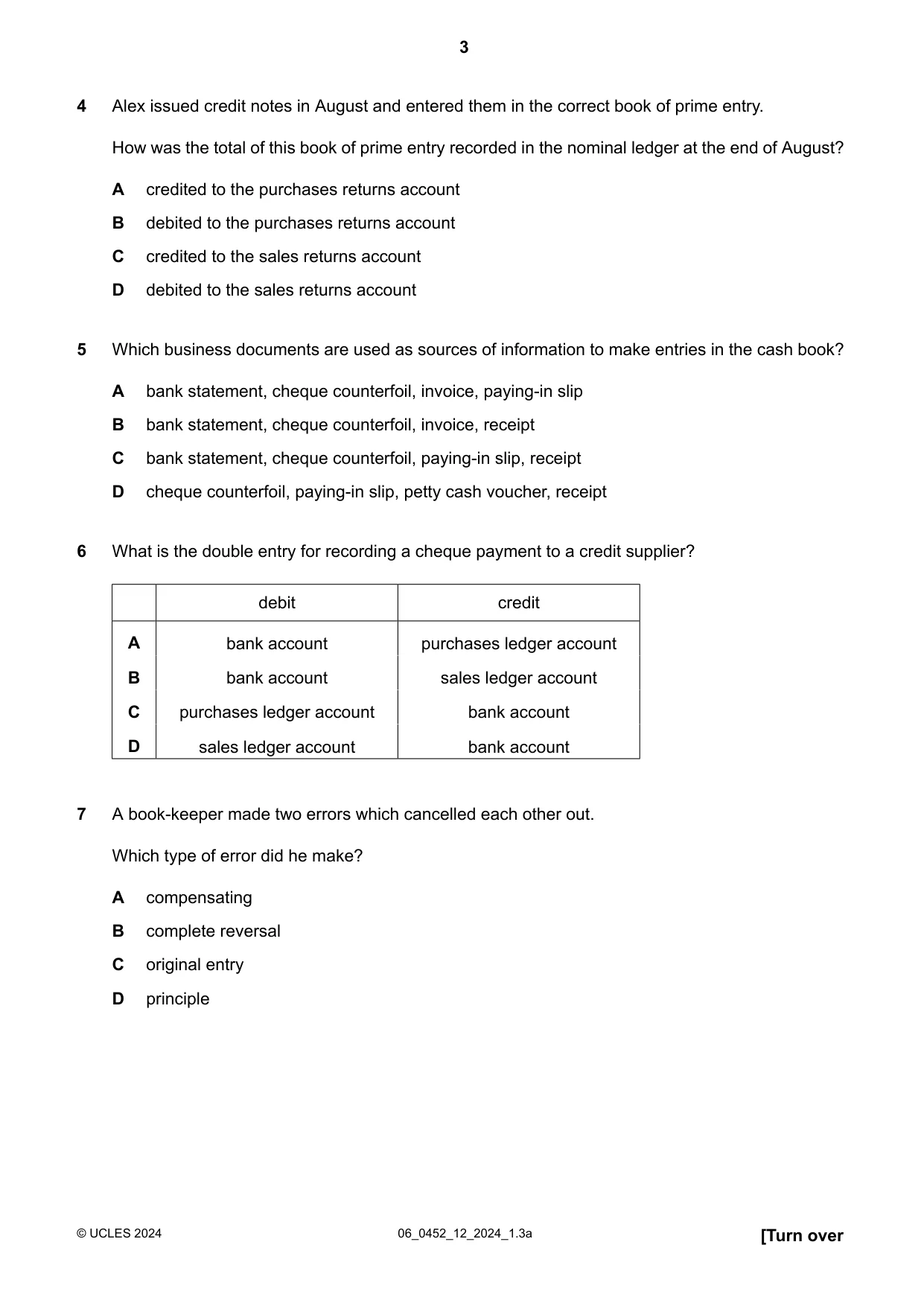 Cambridge IGCSE Accounting 0452 2024 May/June Paper 1 · Variant 2 question paper, page 3 of 12