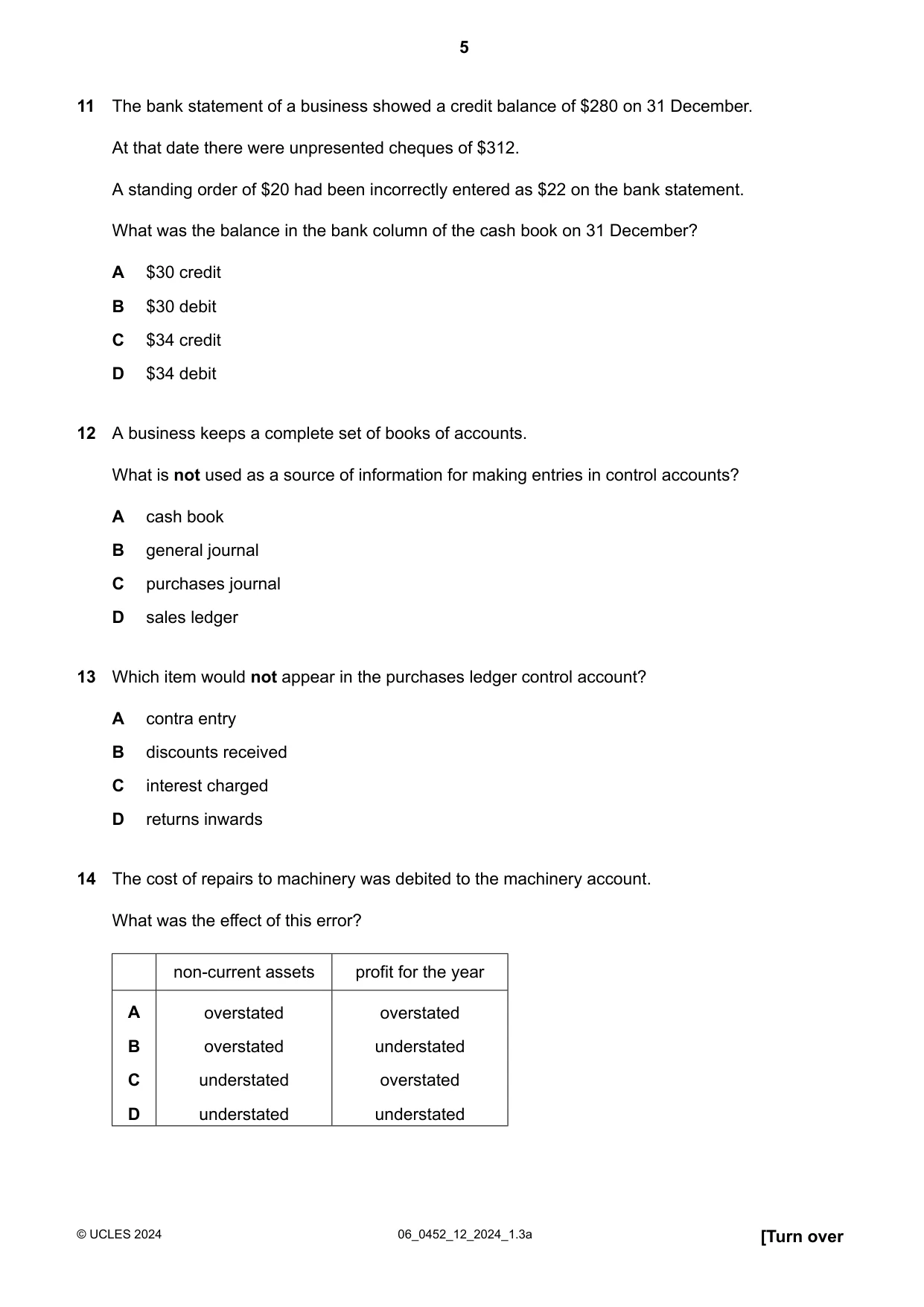 Cambridge IGCSE Accounting 0452 2024 May/June Paper 1 · Variant 2 question paper, page 5 of 12