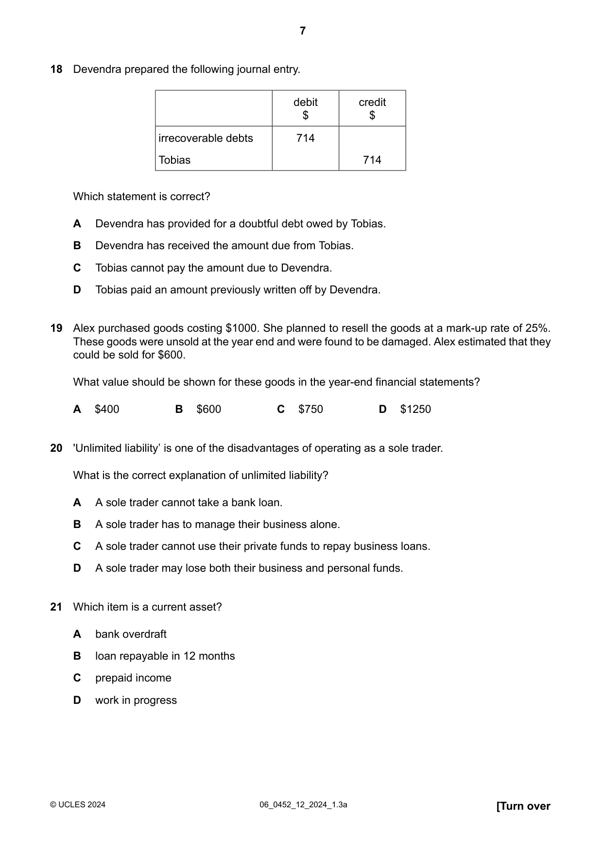 Cambridge IGCSE Accounting 0452 2024 May/June Paper 1 · Variant 2 question paper, page 7 of 12