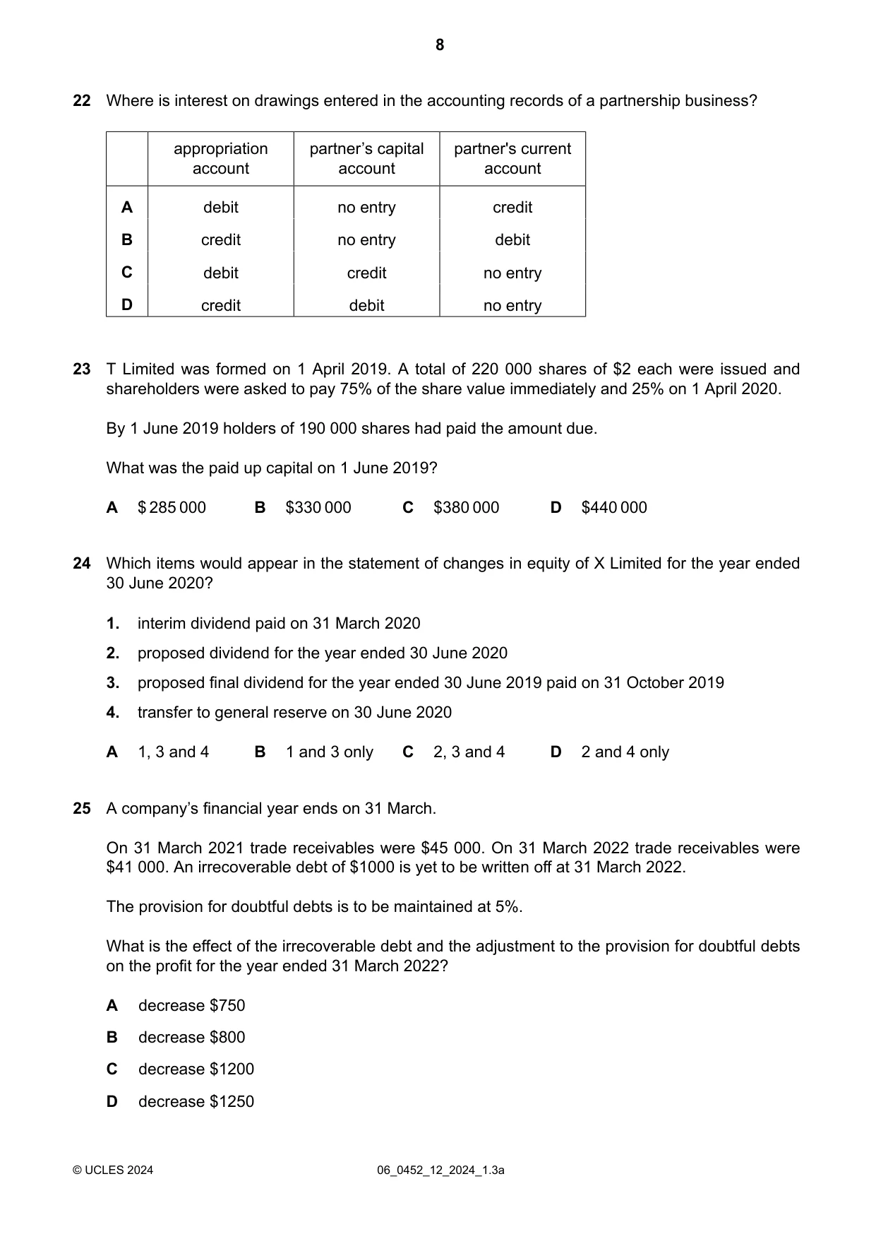 Cambridge IGCSE Accounting 0452 2024 May/June Paper 1 · Variant 2 question paper, page 8 of 12