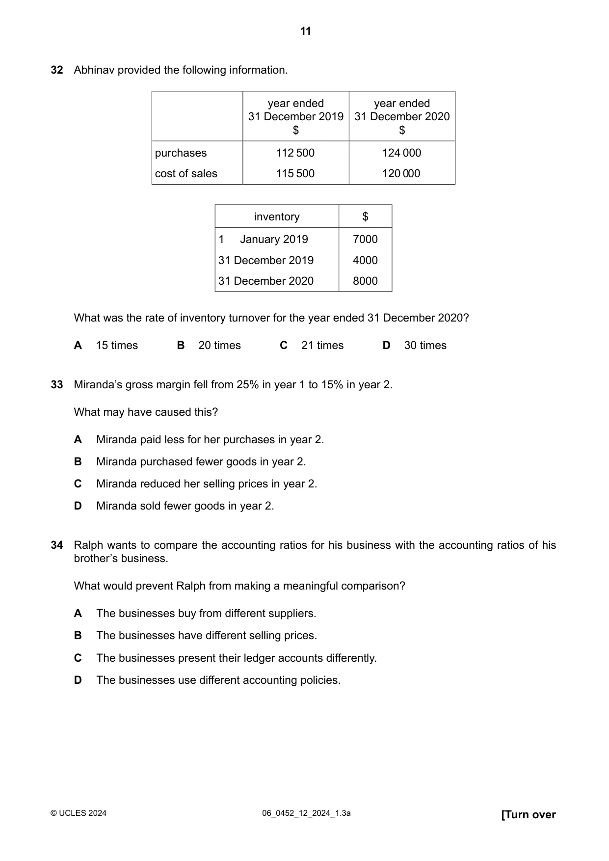 Cambridge IGCSE Accounting 0452 2024 May/June Paper 1 · Variant 2 question paper, page 11 of 12