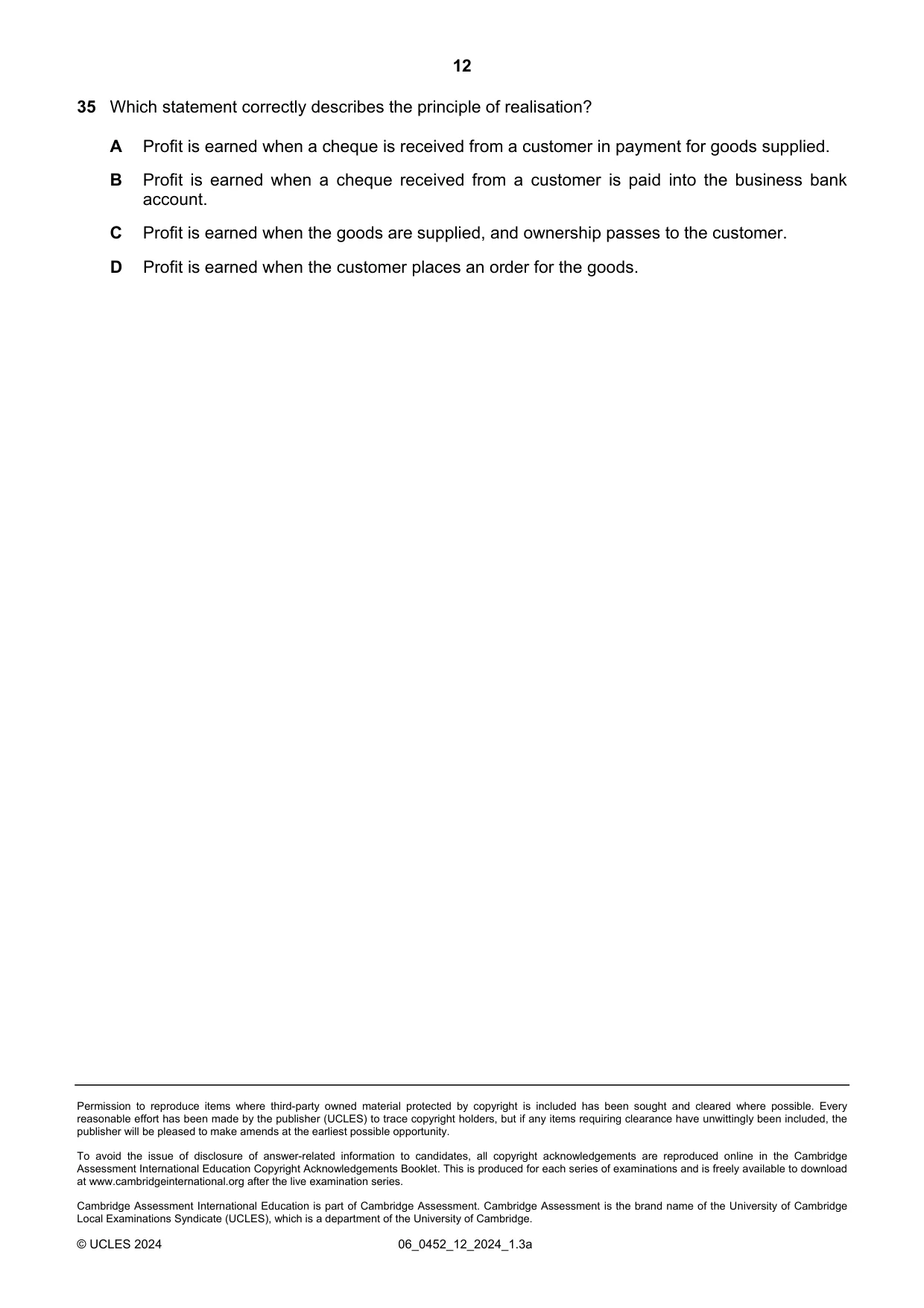 Cambridge IGCSE Accounting 0452 2024 May/June Paper 1 · Variant 2 question paper, page 12 of 12