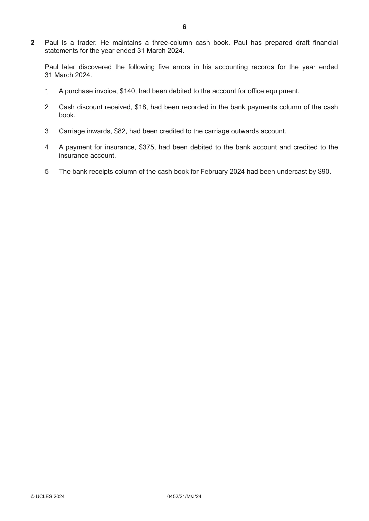 Cambridge IGCSE Accounting 0452 2024 May/June Paper 2 · Variant 1 question paper, page 6 of 20