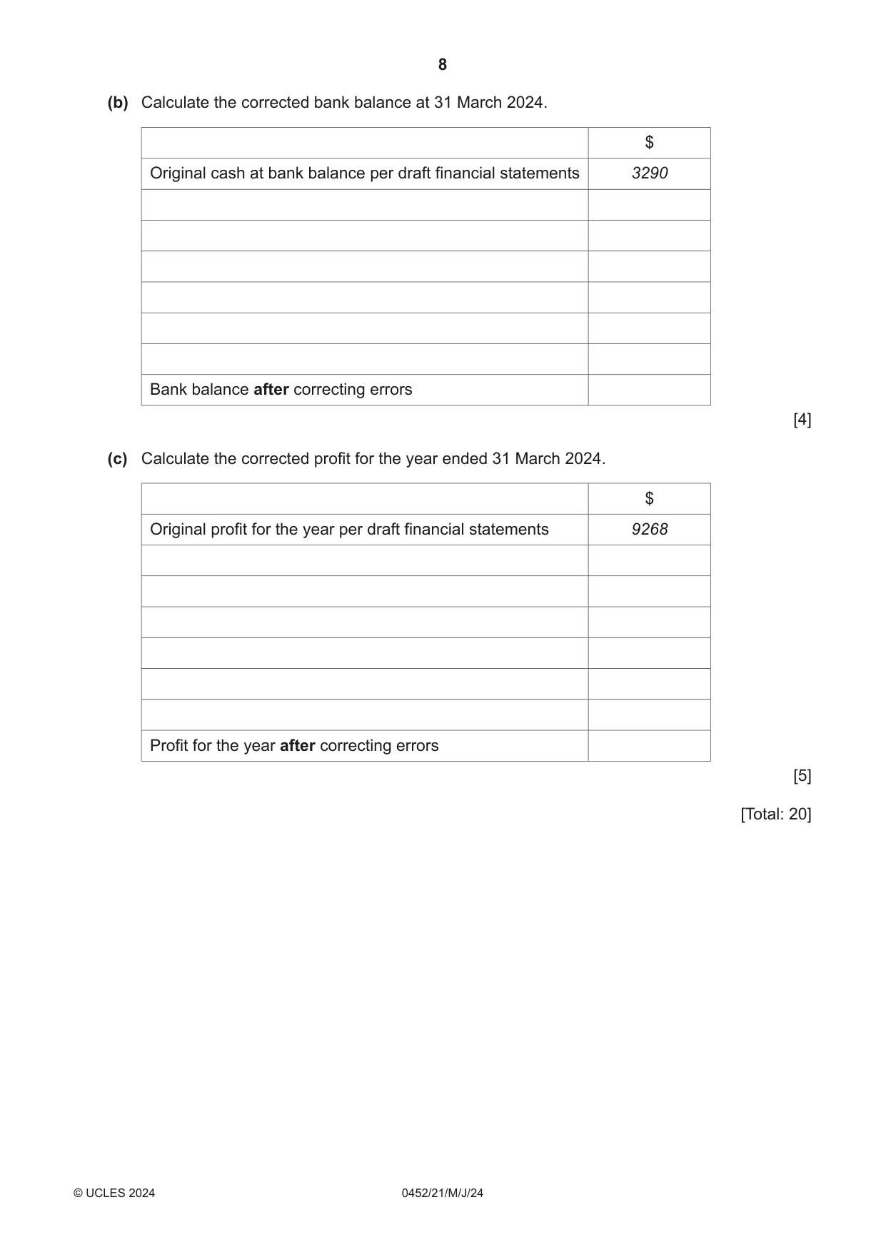 Cambridge IGCSE Accounting 0452 2024 May/June Paper 2 · Variant 1 question paper, page 8 of 20