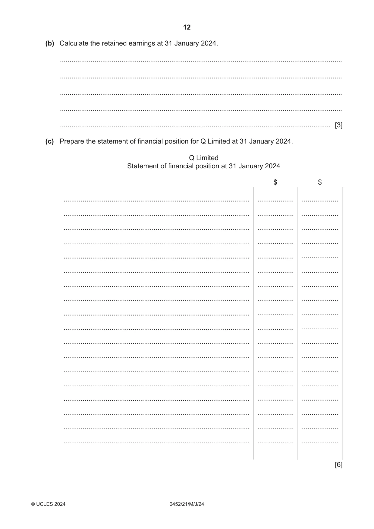 Cambridge IGCSE Accounting 0452 2024 May/June Paper 2 · Variant 1 question paper, page 12 of 20