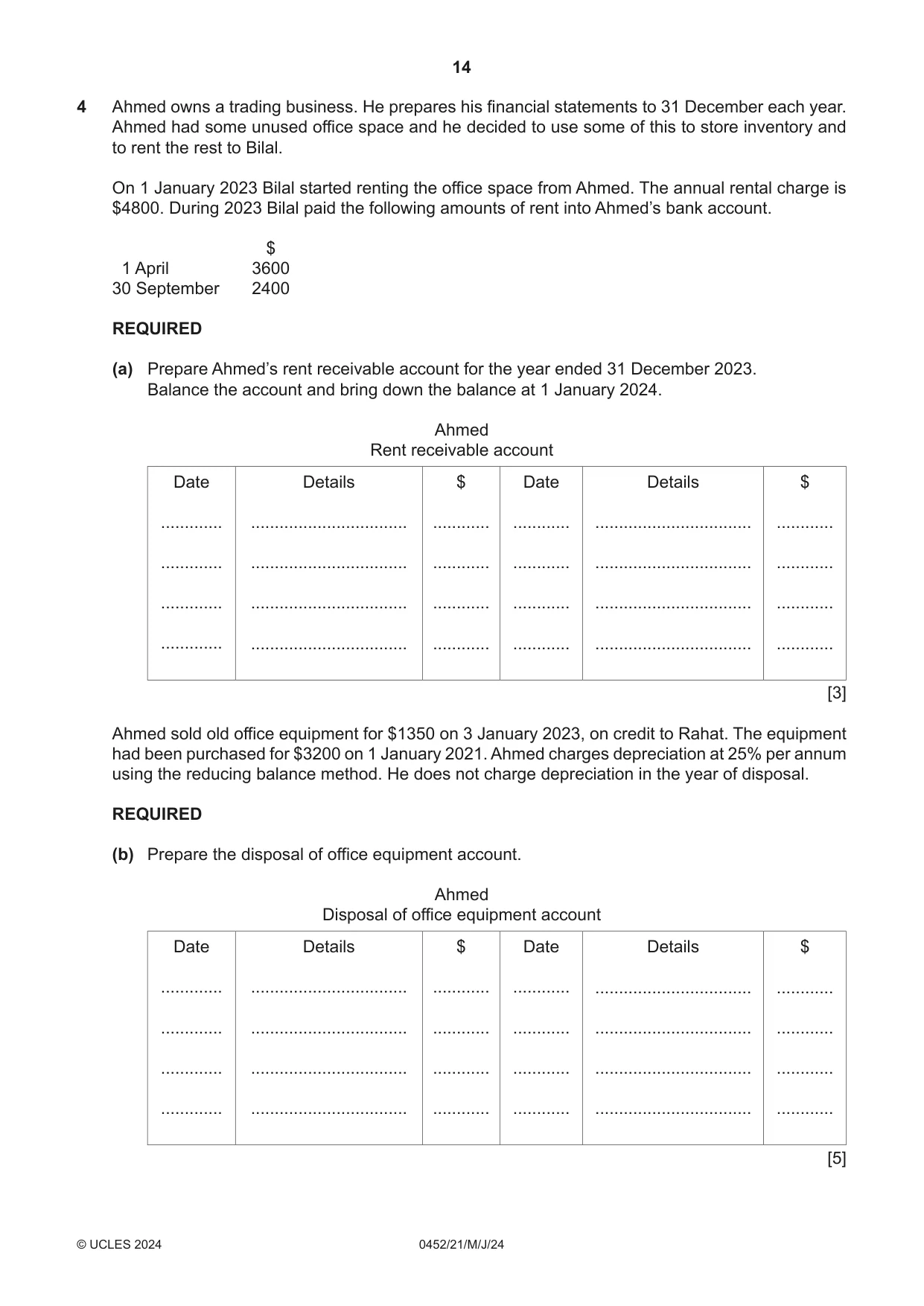 Cambridge IGCSE Accounting 0452 2024 May/June Paper 2 · Variant 1 question paper, page 14 of 20