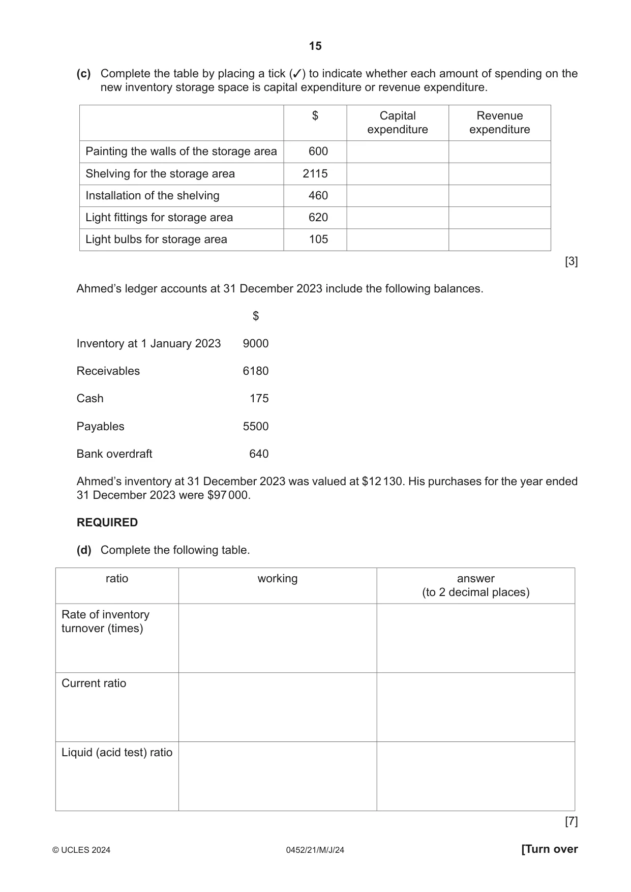 Cambridge IGCSE Accounting 0452 2024 May/June Paper 2 · Variant 1 question paper, page 15 of 20