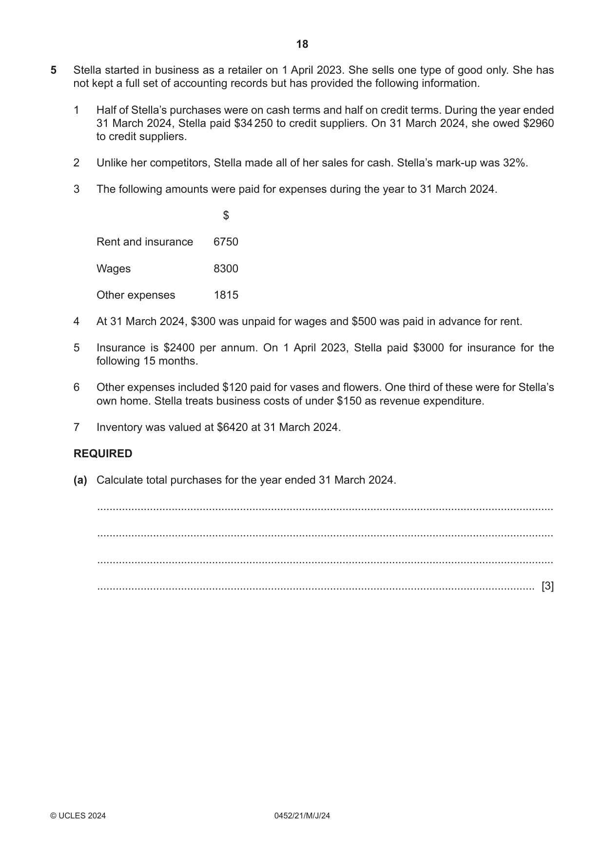 Cambridge IGCSE Accounting 0452 2024 May/June Paper 2 · Variant 1 question paper, page 18 of 20