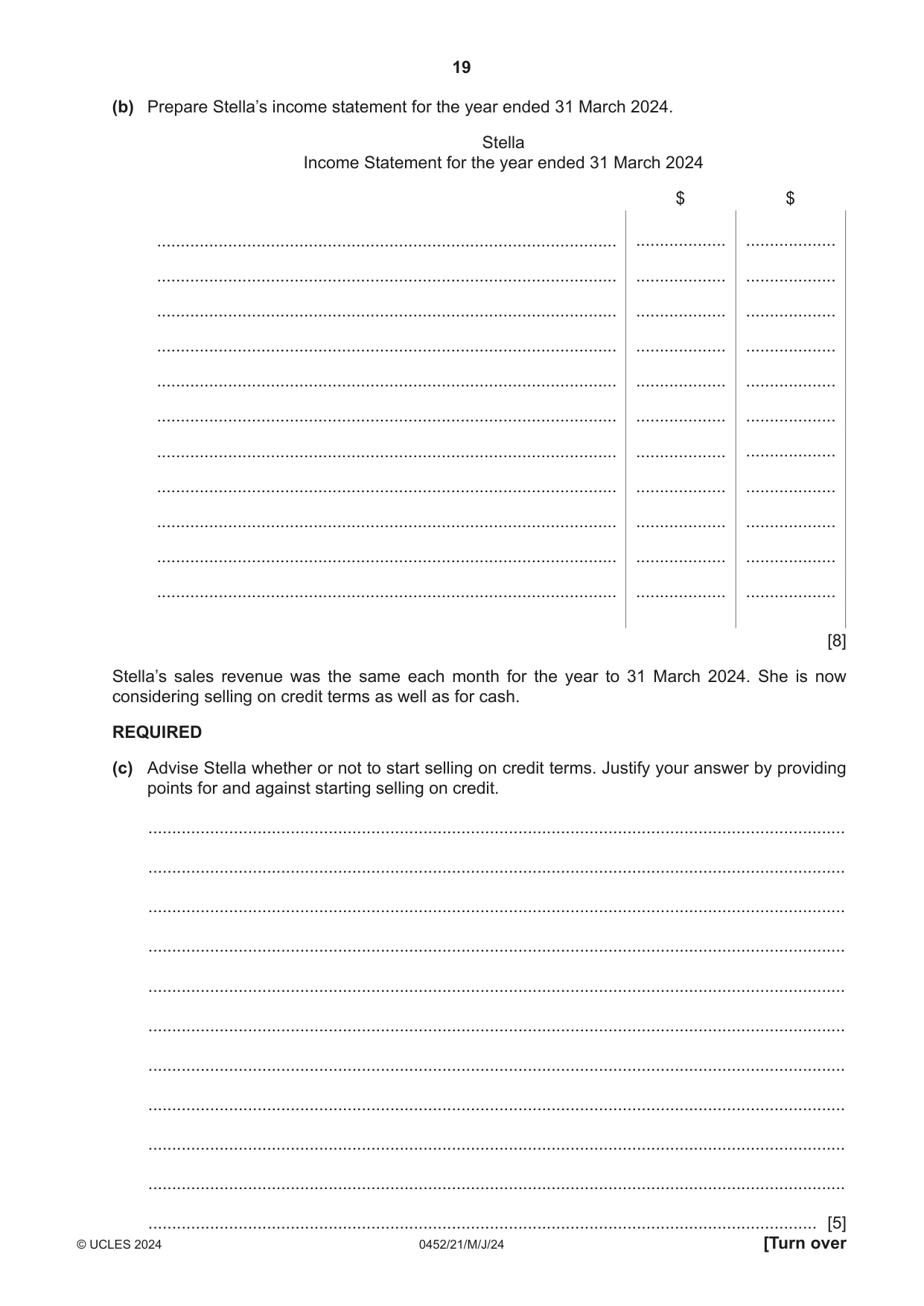 Cambridge IGCSE Accounting 0452 2024 May/June Paper 2 · Variant 1 question paper, page 19 of 20
