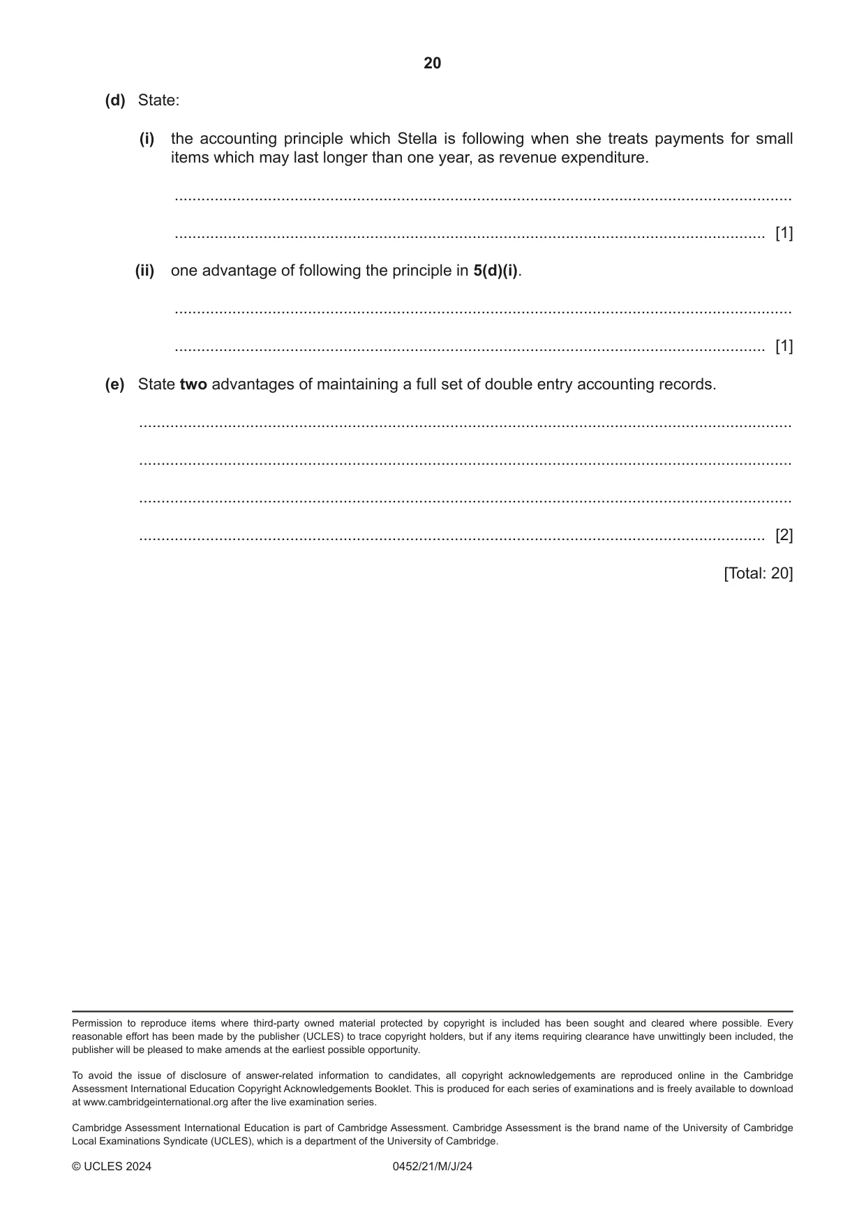 Cambridge IGCSE Accounting 0452 2024 May/June Paper 2 · Variant 1 question paper, page 20 of 20