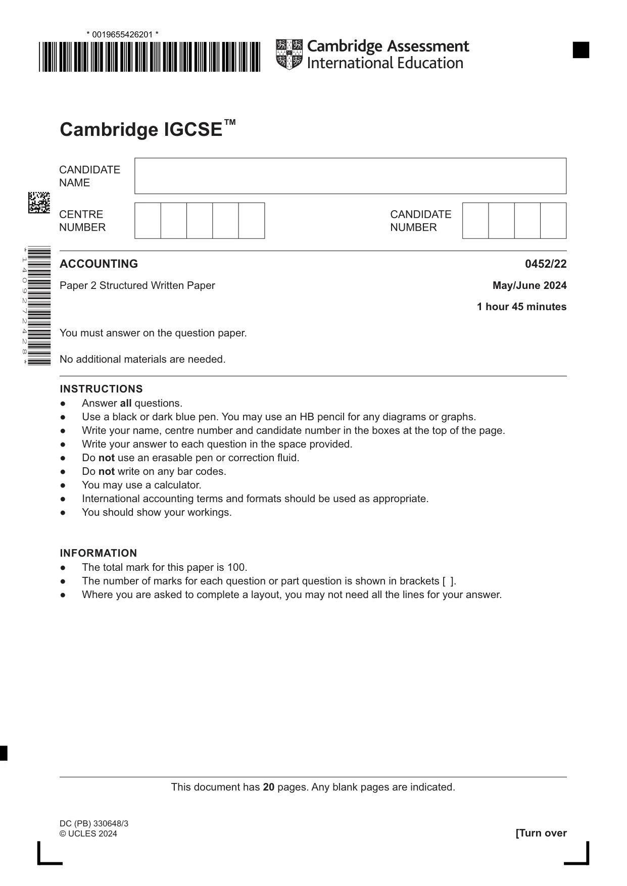 Cambridge IGCSE Accounting 0452 2024 May/June Paper 2 · Variant 2 question paper, page 1 of 20