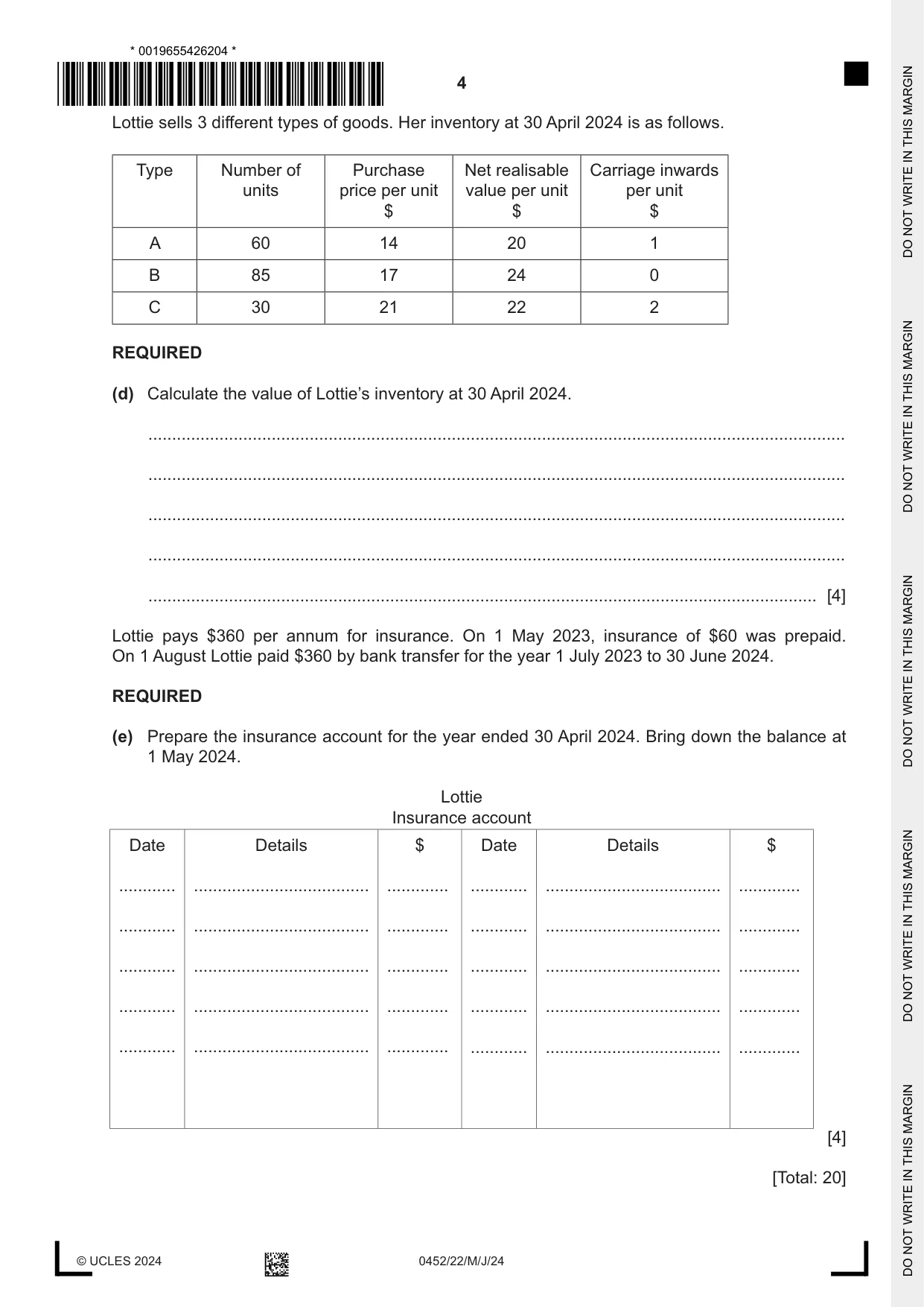 Cambridge IGCSE Accounting 0452 2024 May/June Paper 2 · Variant 2 question paper, page 4 of 20