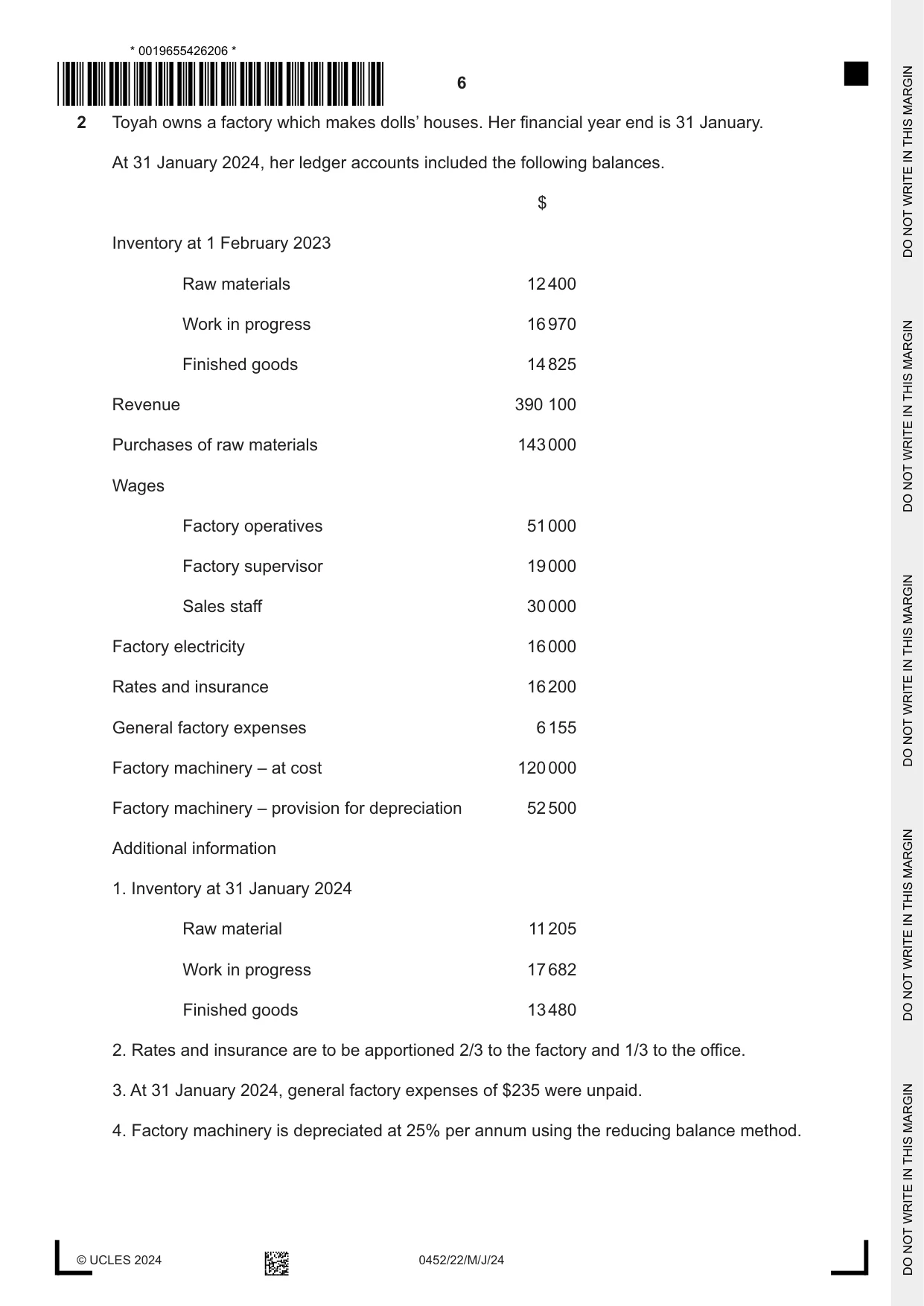 Cambridge IGCSE Accounting 0452 2024 May/June Paper 2 · Variant 2 question paper, page 6 of 20