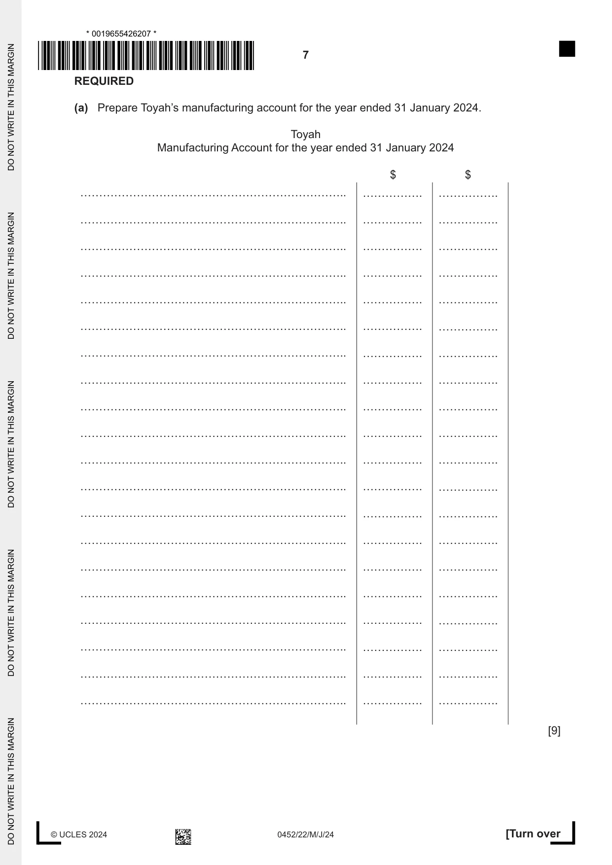 Cambridge IGCSE Accounting 0452 2024 May/June Paper 2 · Variant 2 question paper, page 7 of 20