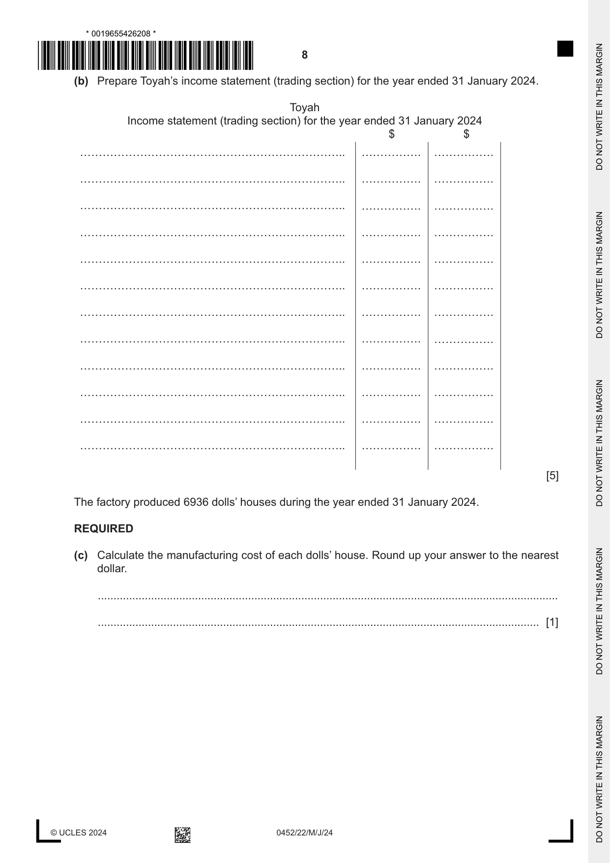 Cambridge IGCSE Accounting 0452 2024 May/June Paper 2 · Variant 2 question paper, page 8 of 20