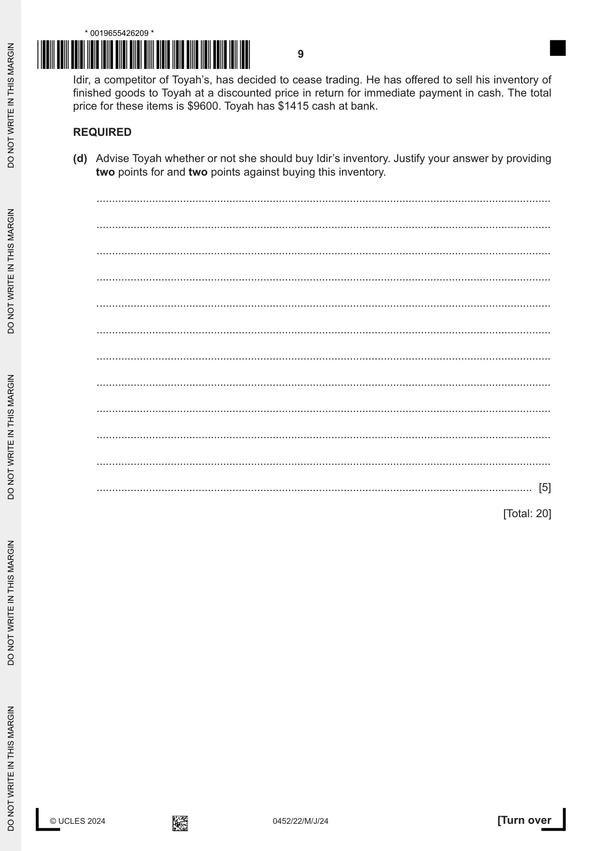 Cambridge IGCSE Accounting 0452 2024 May/June Paper 2 · Variant 2 question paper, page 9 of 20