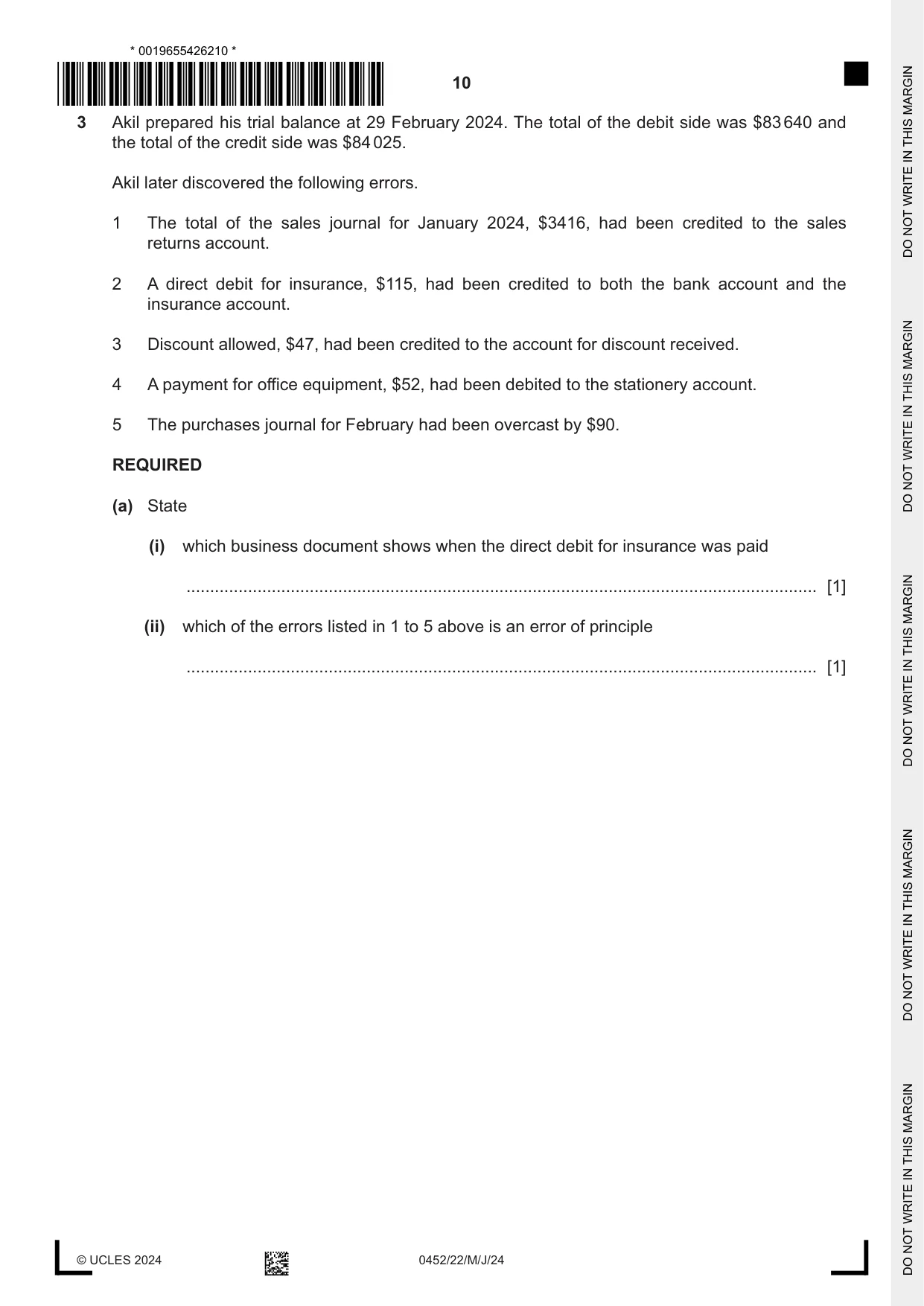 Cambridge IGCSE Accounting 0452 2024 May/June Paper 2 · Variant 2 question paper, page 10 of 20