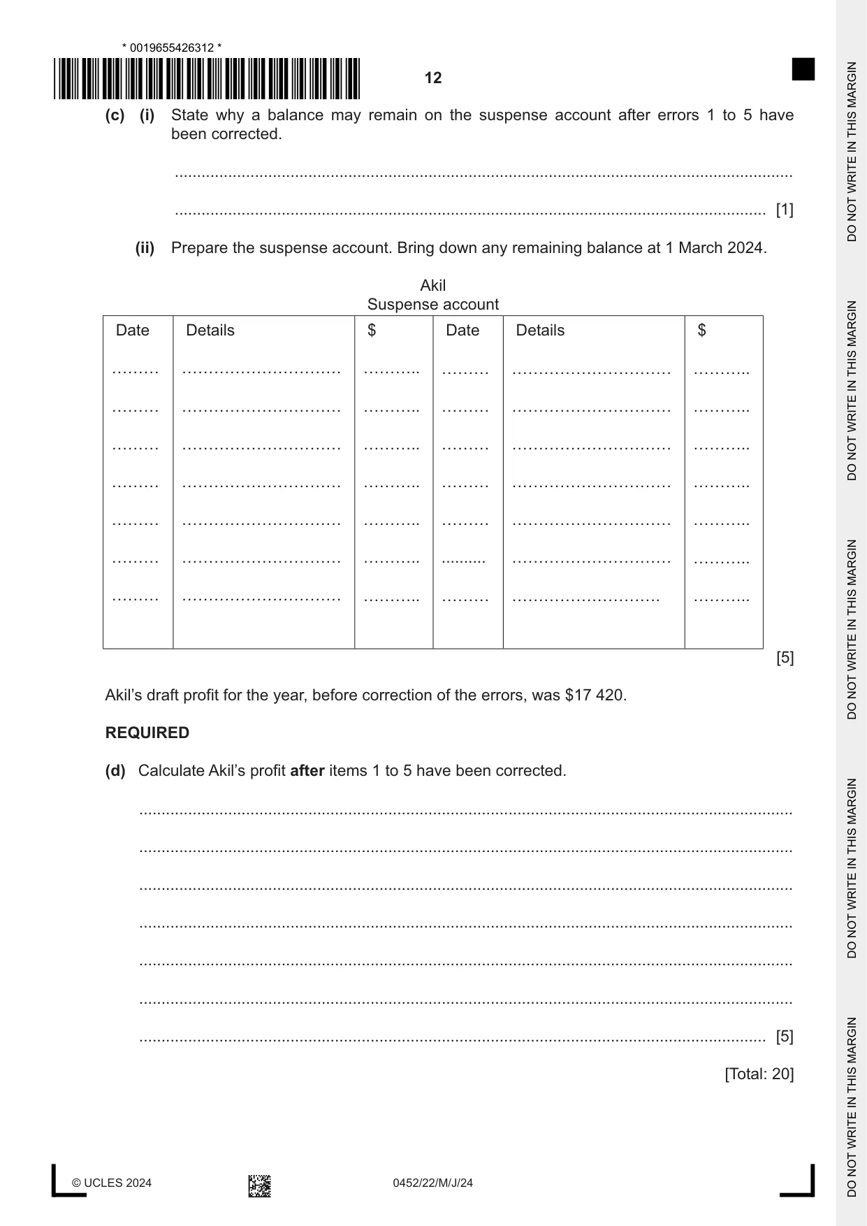 Cambridge IGCSE Accounting 0452 2024 May/June Paper 2 · Variant 2 question paper, page 12 of 20