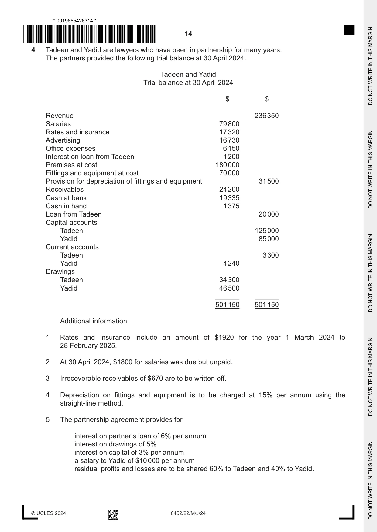 Cambridge IGCSE Accounting 0452 2024 May/June Paper 2 · Variant 2 question paper, page 14 of 20