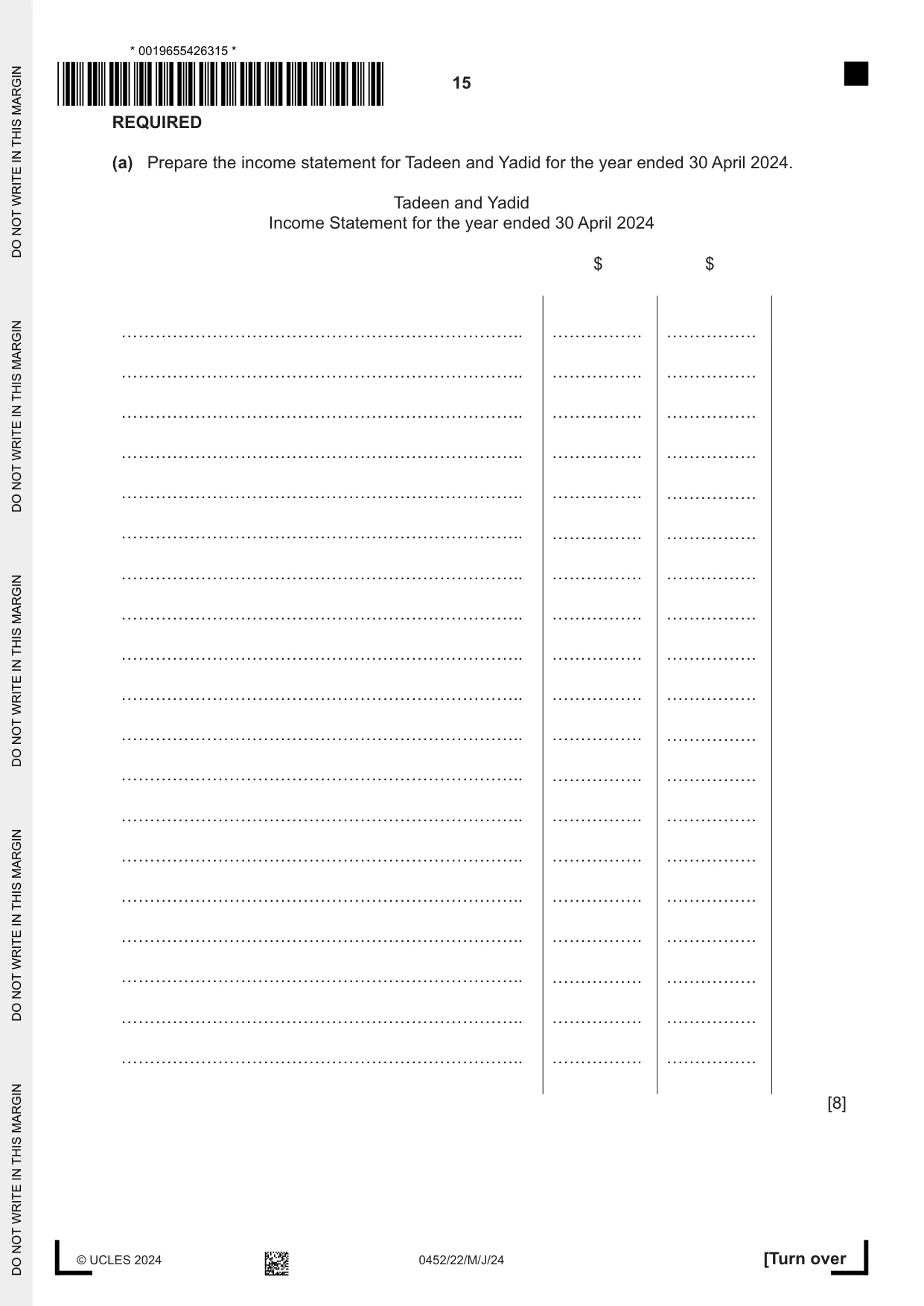 Cambridge IGCSE Accounting 0452 2024 May/June Paper 2 · Variant 2 question paper, page 15 of 20
