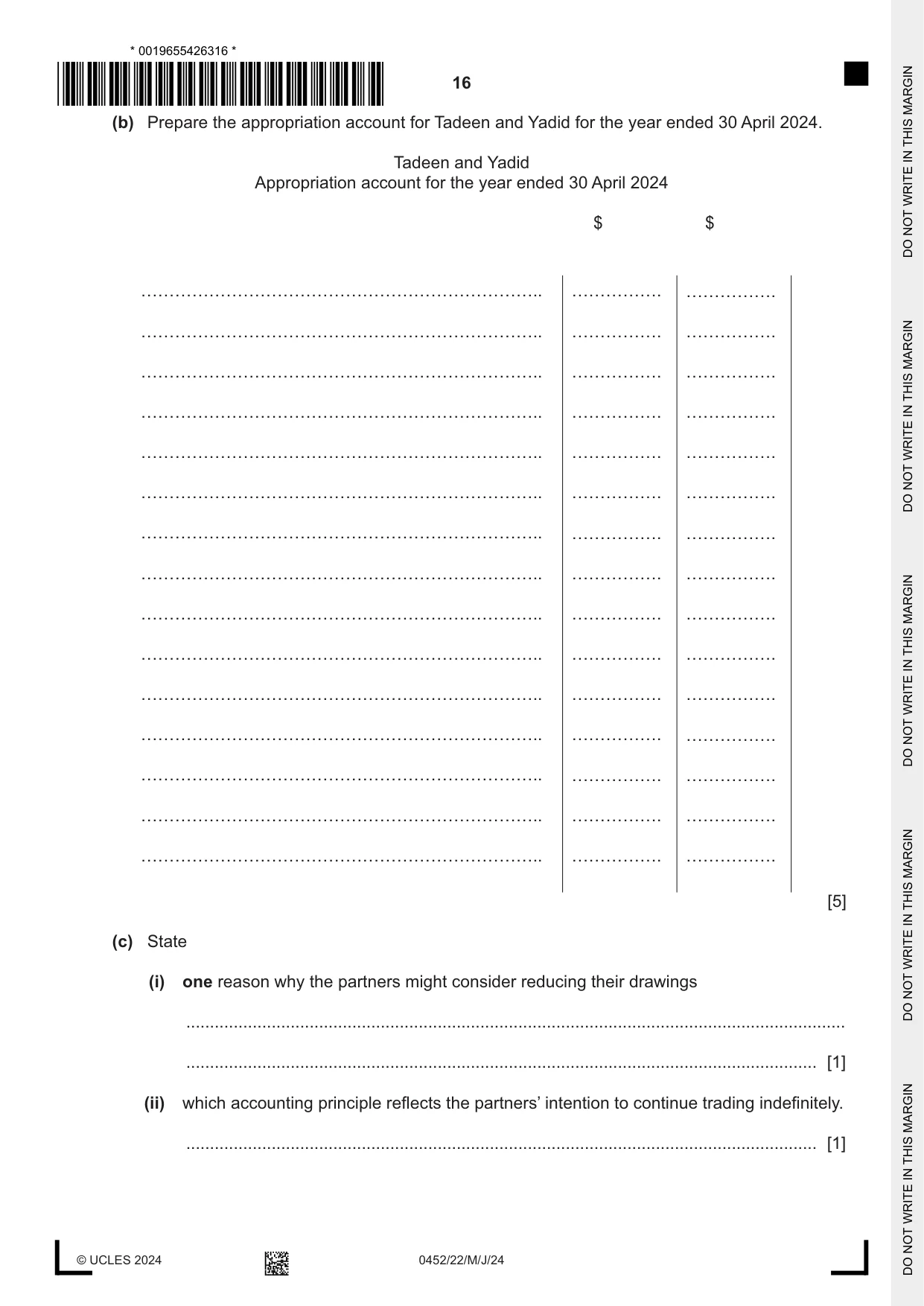 Cambridge IGCSE Accounting 0452 2024 May/June Paper 2 · Variant 2 question paper, page 16 of 20