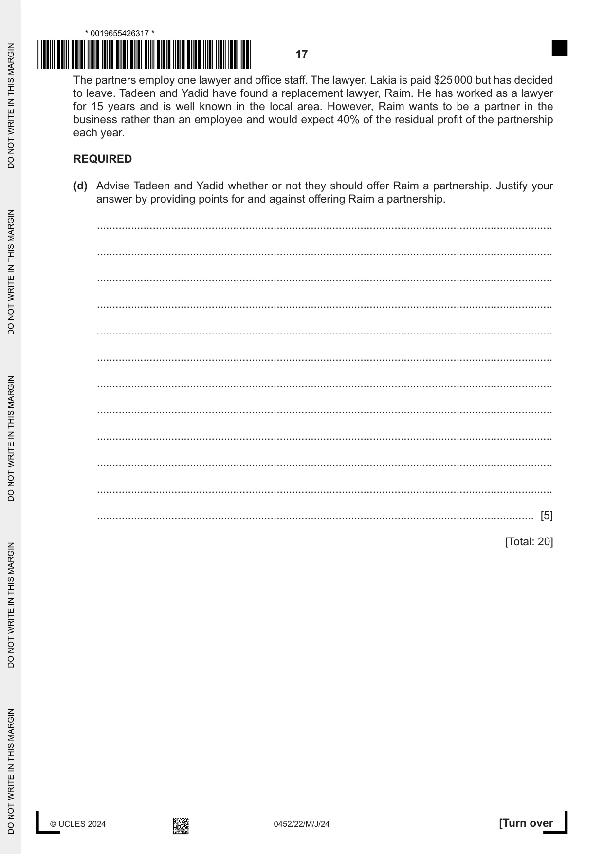 Cambridge IGCSE Accounting 0452 2024 May/June Paper 2 · Variant 2 question paper, page 17 of 20