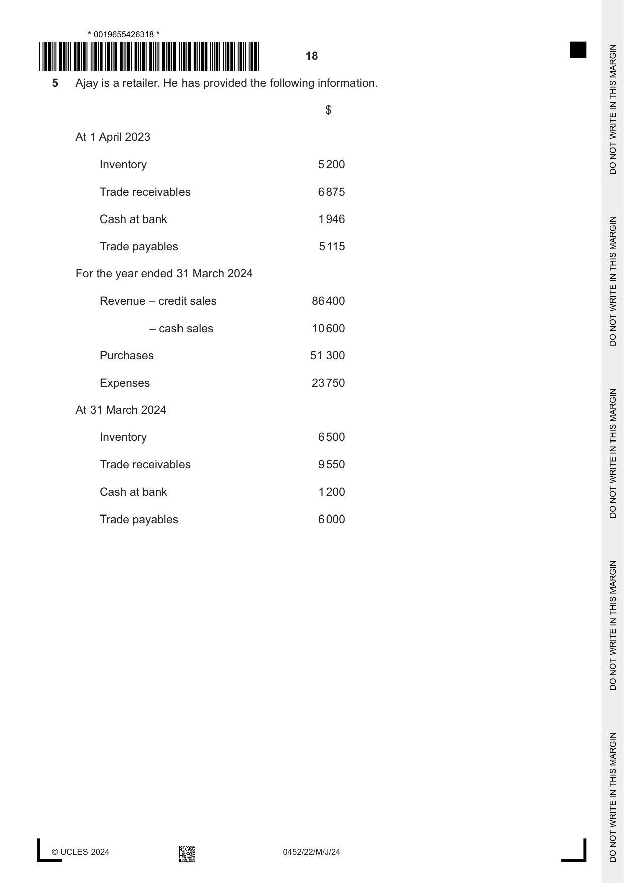 Cambridge IGCSE Accounting 0452 2024 May/June Paper 2 · Variant 2 question paper, page 18 of 20