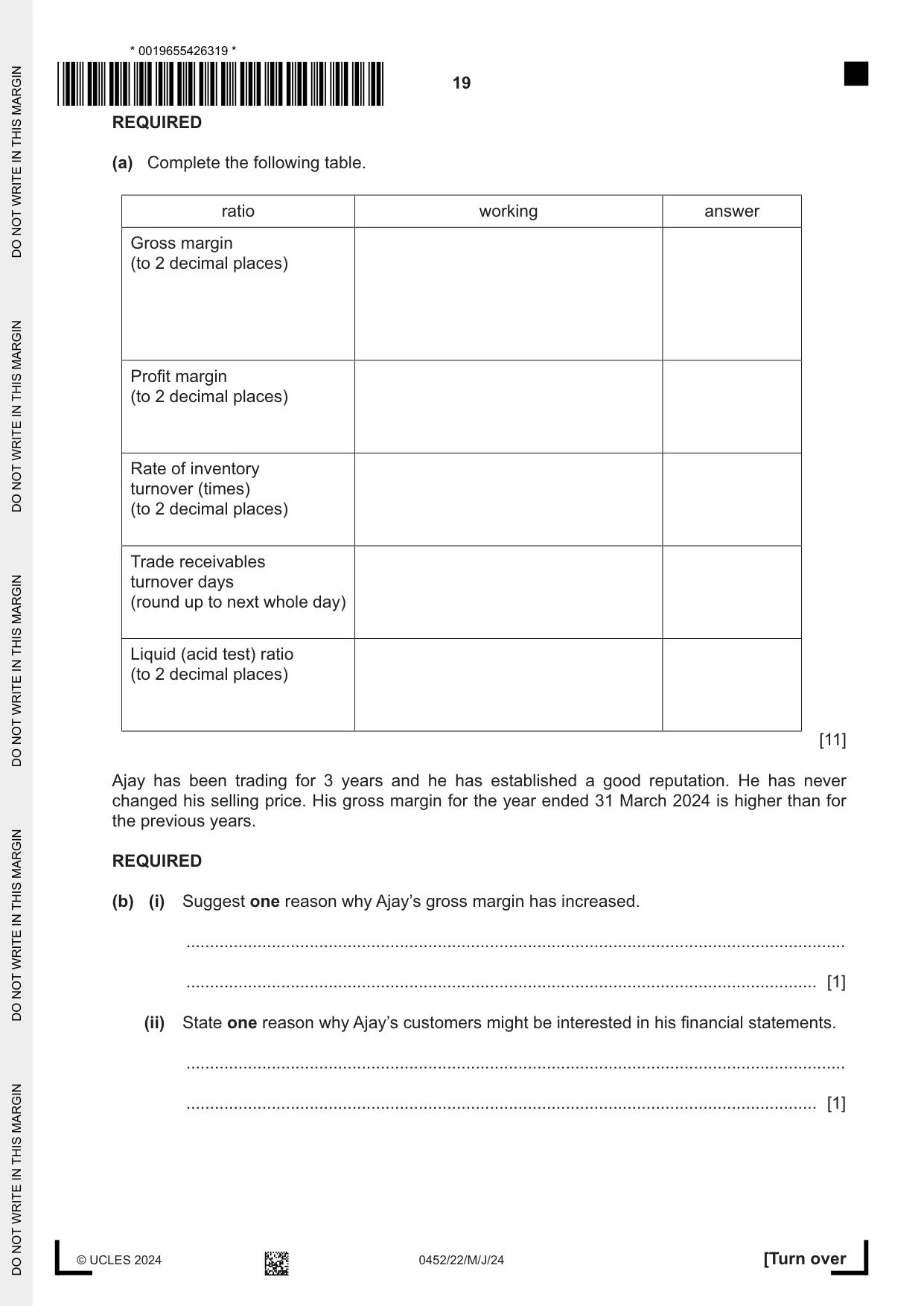 Cambridge IGCSE Accounting 0452 2024 May/June Paper 2 · Variant 2 question paper, page 19 of 20