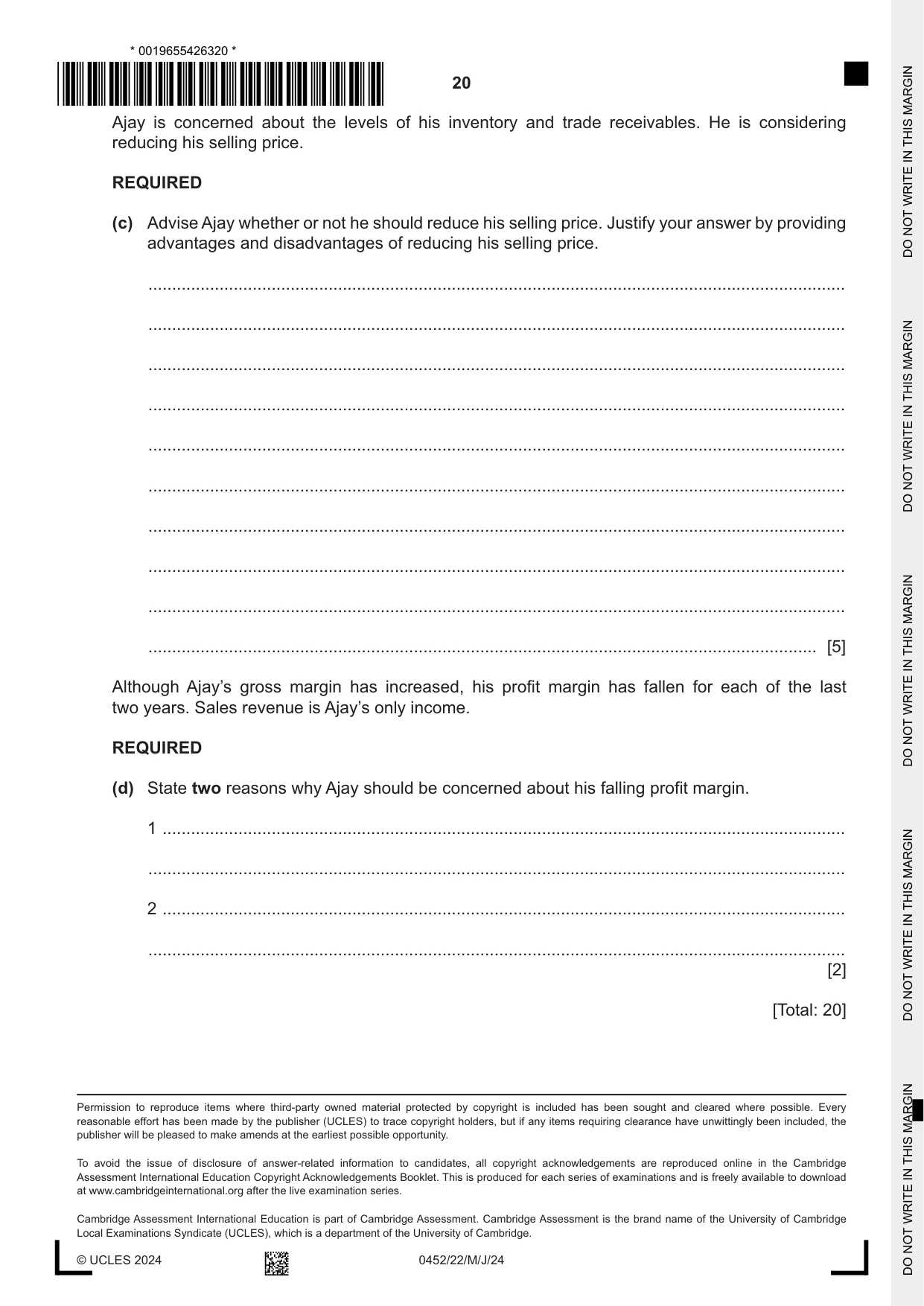 Cambridge IGCSE Accounting 0452 2024 May/June Paper 2 · Variant 2 question paper, page 20 of 20