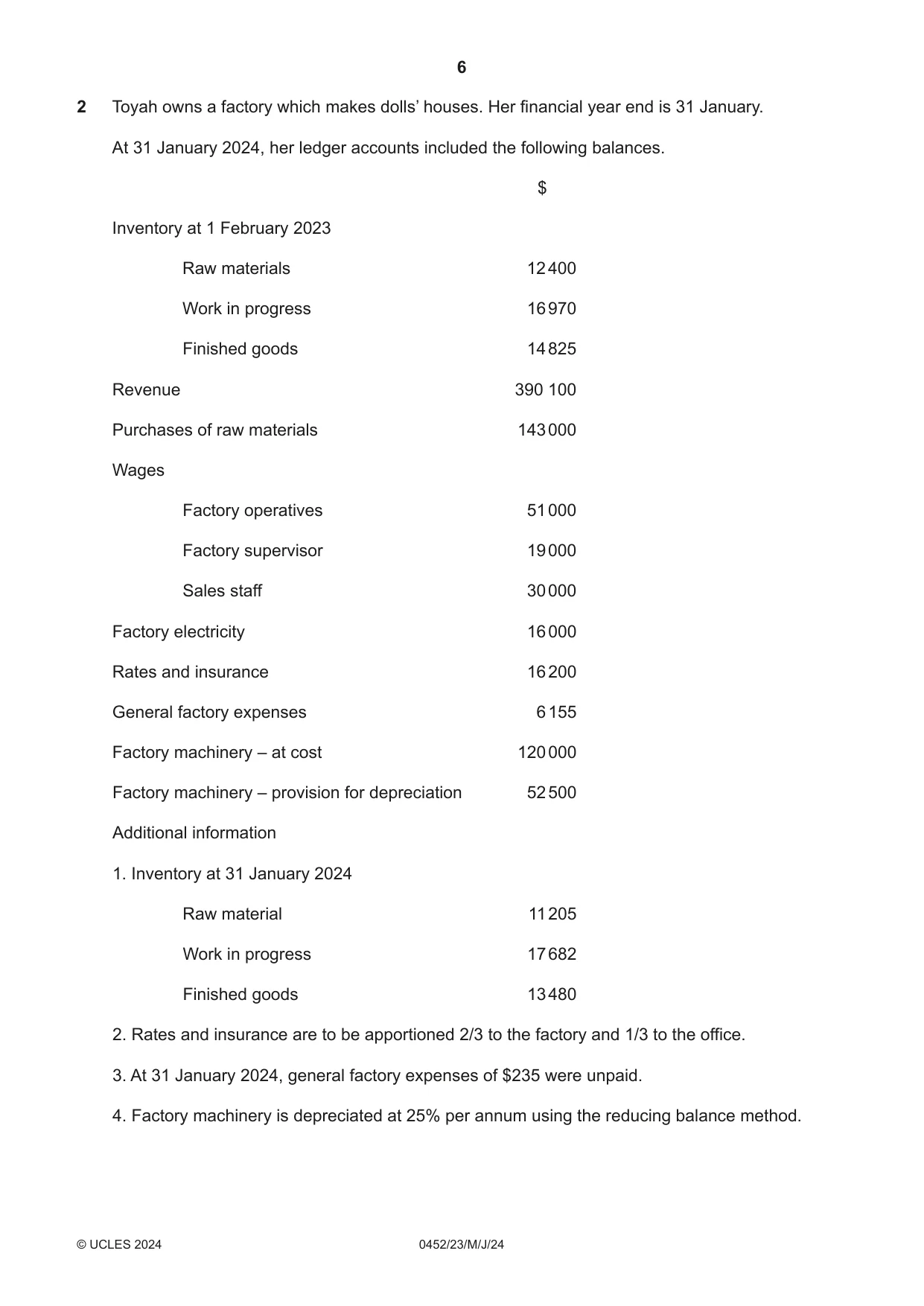 Cambridge IGCSE Accounting 0452 2024 May/June Paper 2 · Variant 3 question paper, page 6 of 20