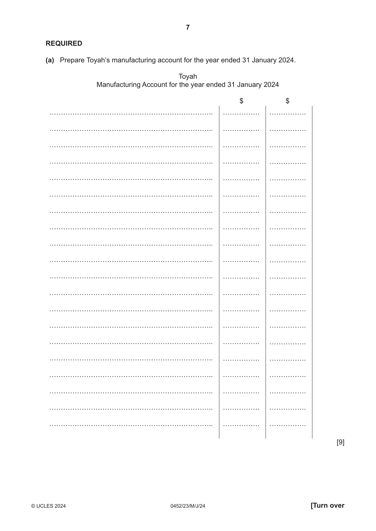 Cambridge IGCSE Accounting 0452 2024 May/June Paper 2 · Variant 3 question paper, page 7 of 20