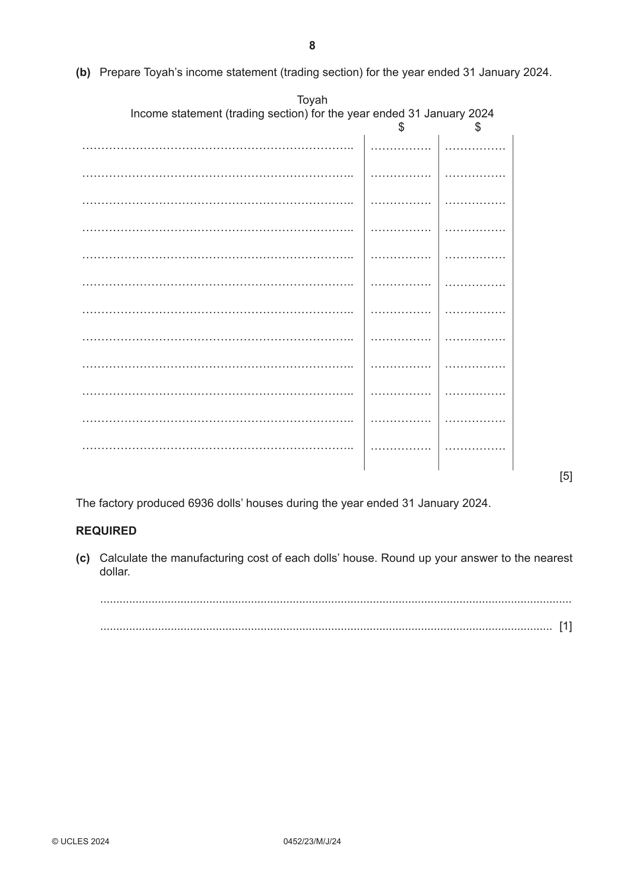 Cambridge IGCSE Accounting 0452 2024 May/June Paper 2 · Variant 3 question paper, page 8 of 20