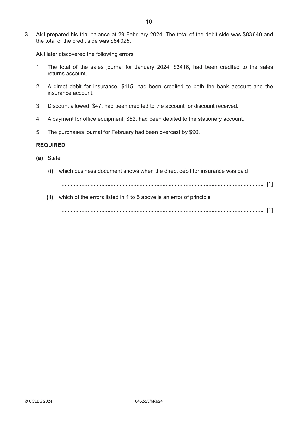 Cambridge IGCSE Accounting 0452 2024 May/June Paper 2 · Variant 3 question paper, page 10 of 20