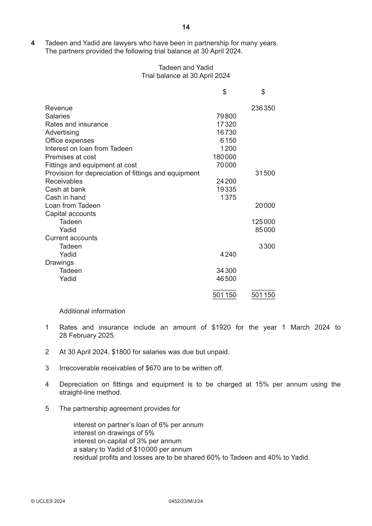 Cambridge IGCSE Accounting 0452 2024 May/June Paper 2 · Variant 3 question paper, page 14 of 20