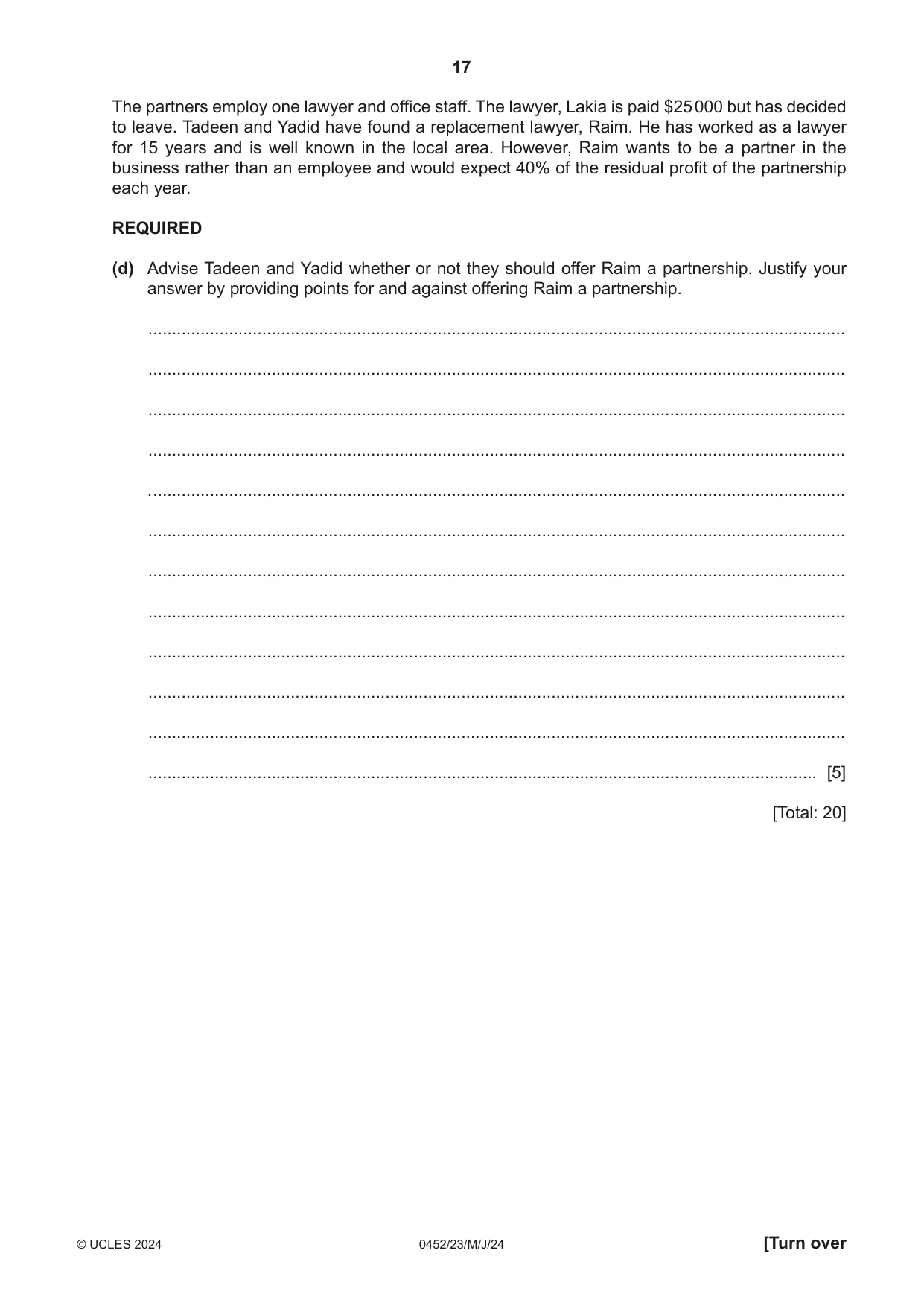Cambridge IGCSE Accounting 0452 2024 May/June Paper 2 · Variant 3 question paper, page 17 of 20