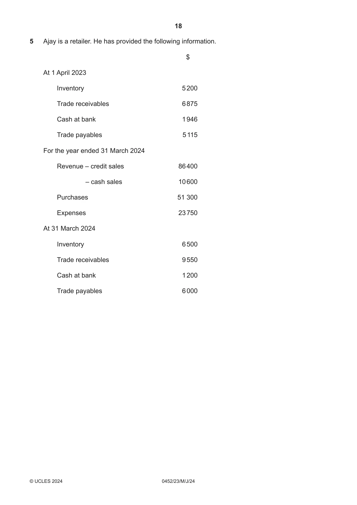Cambridge IGCSE Accounting 0452 2024 May/June Paper 2 · Variant 3 question paper, page 18 of 20