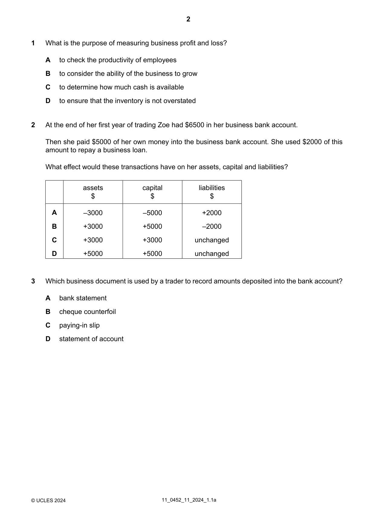 Cambridge IGCSE Accounting 0452 2024 Oct/Nov Paper 1 · Variant 1 question paper, page 2 of 12
