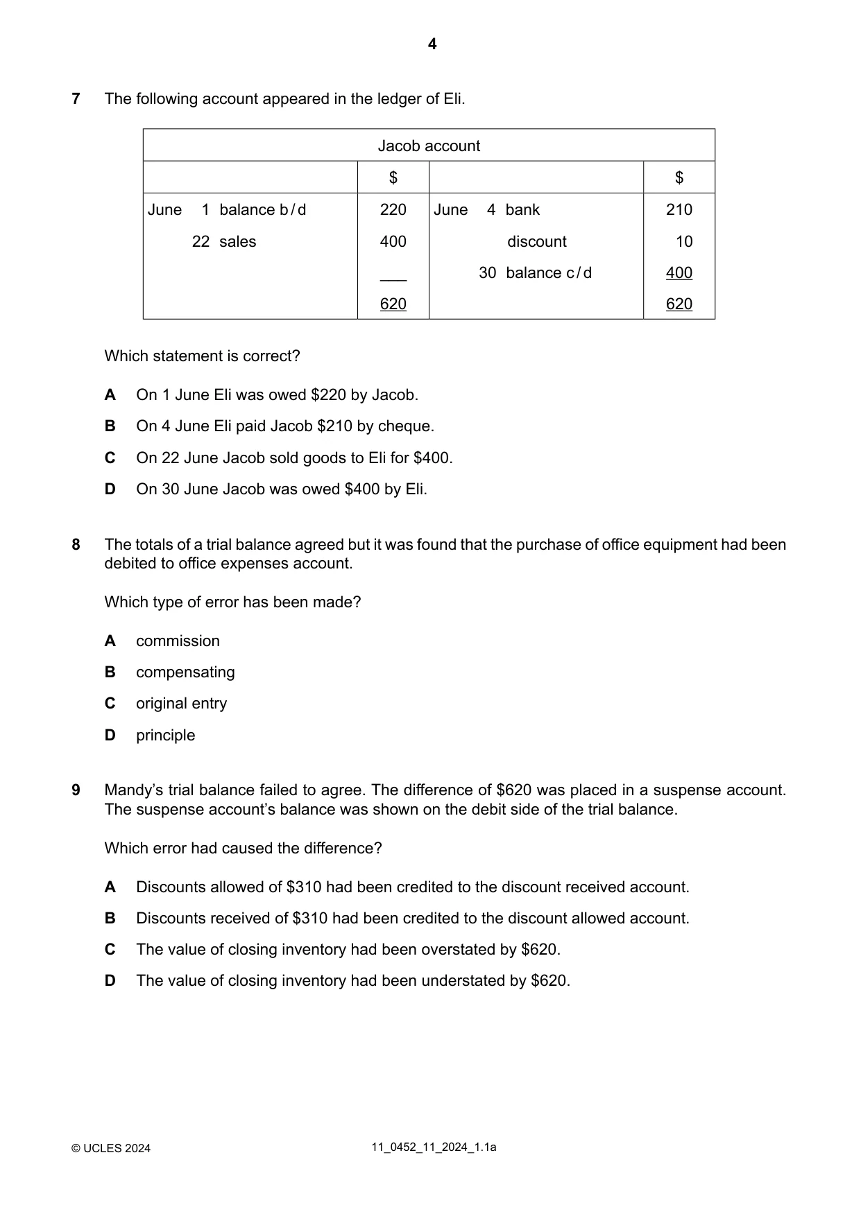 Cambridge IGCSE Accounting 0452 2024 Oct/Nov Paper 1 · Variant 1 question paper, page 4 of 12