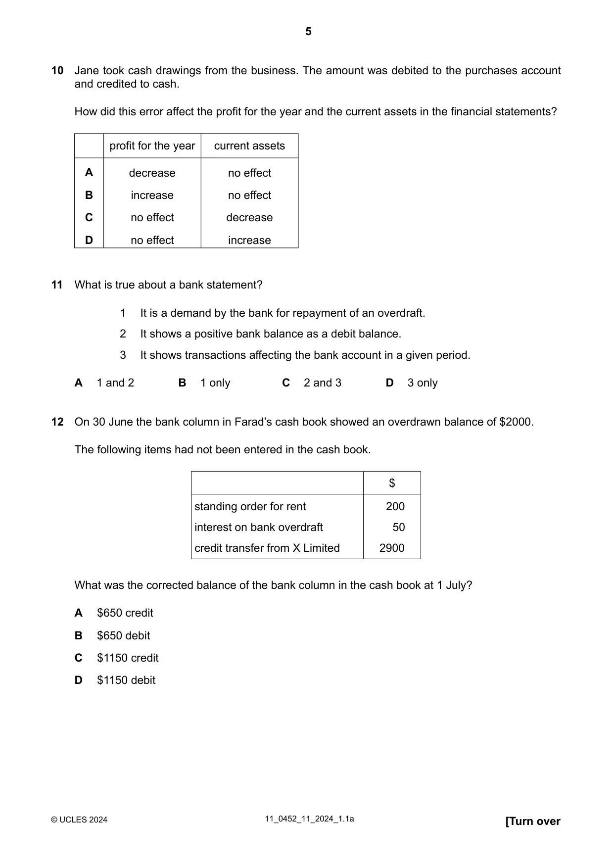 Cambridge IGCSE Accounting 0452 2024 Oct/Nov Paper 1 · Variant 1 question paper, page 5 of 12