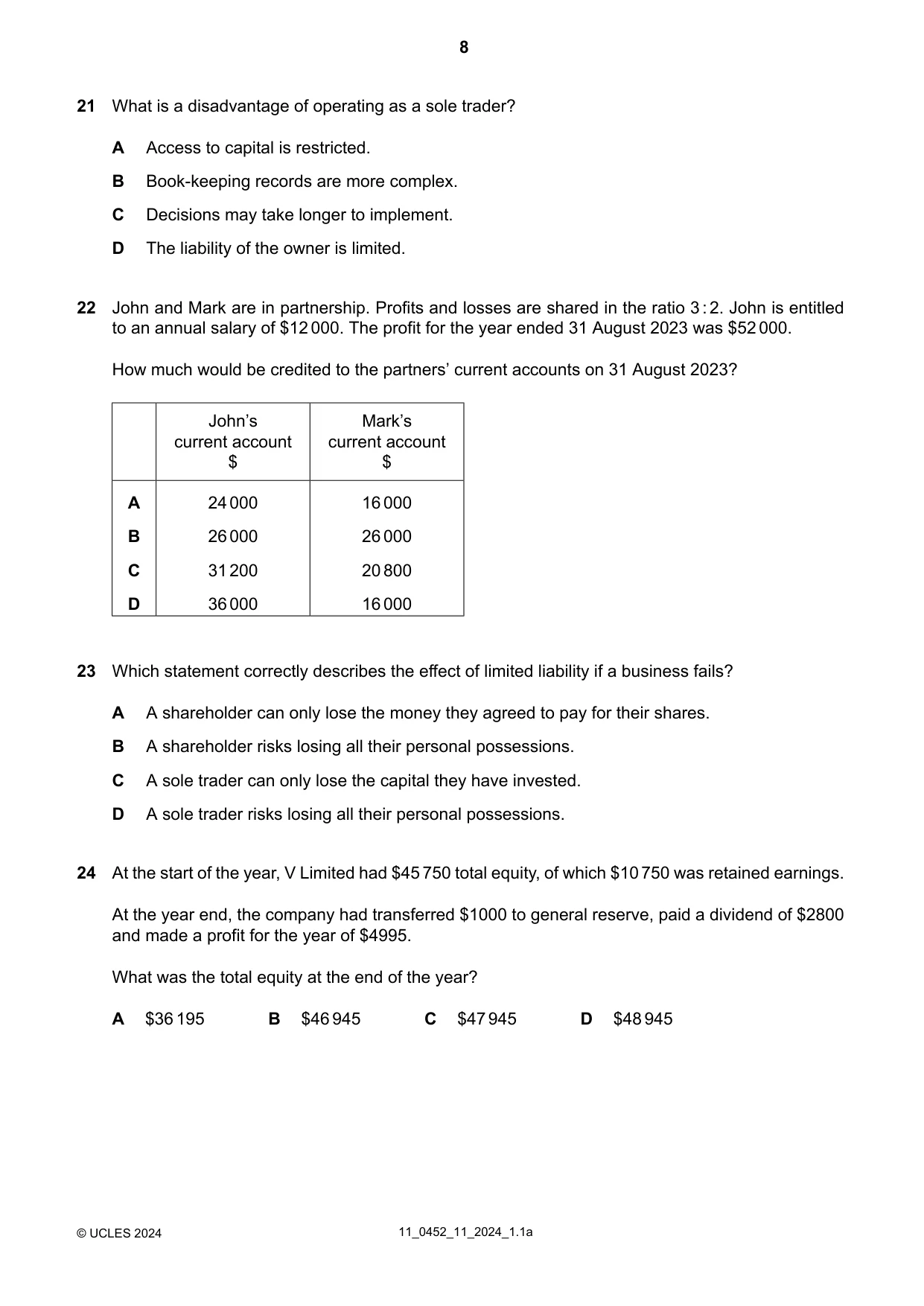 Cambridge IGCSE Accounting 0452 2024 Oct/Nov Paper 1 · Variant 1 question paper, page 8 of 12