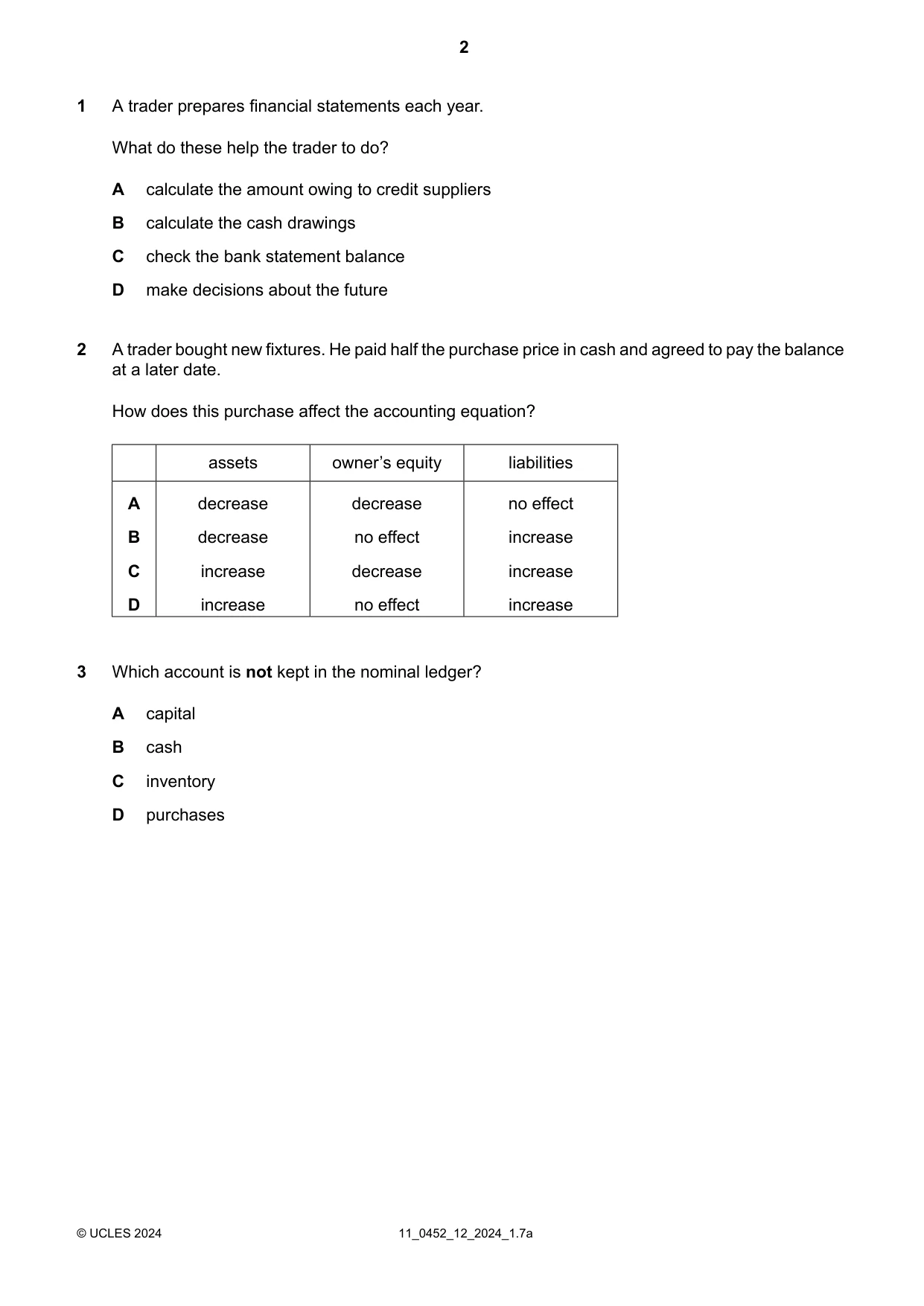 Cambridge IGCSE Accounting 0452 2024 Oct/Nov Paper 1 · Variant 2 question paper, page 2 of 16
