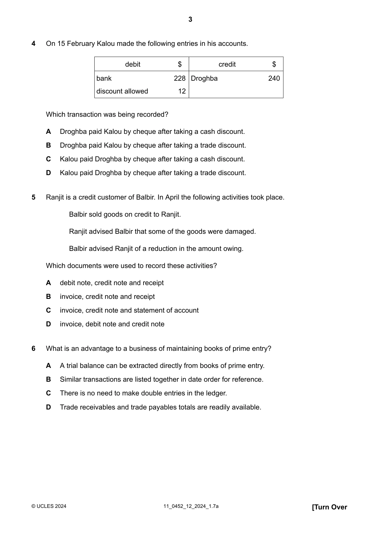 Cambridge IGCSE Accounting 0452 2024 Oct/Nov Paper 1 · Variant 2 question paper, page 3 of 16