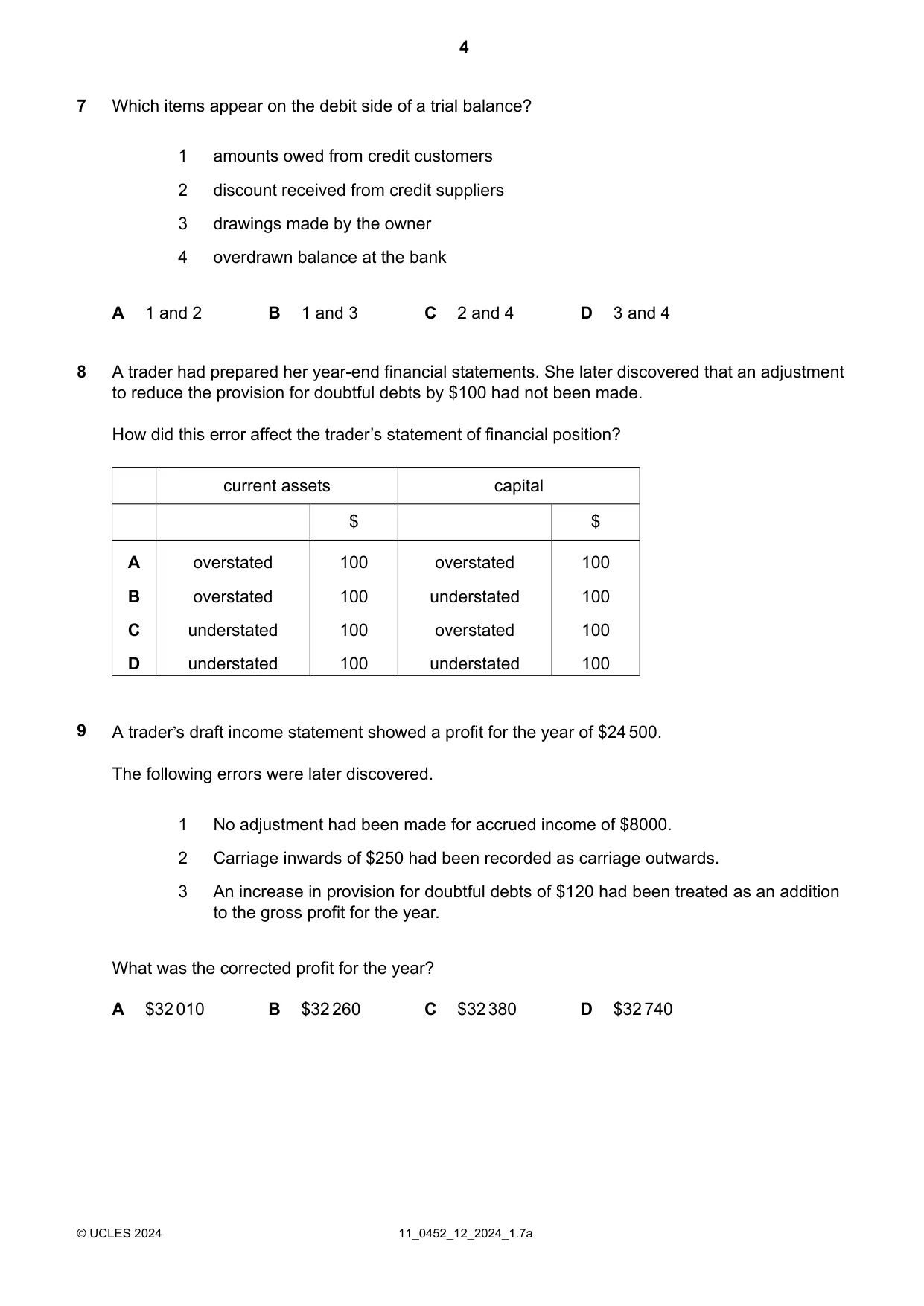 Cambridge IGCSE Accounting 0452 2024 Oct/Nov Paper 1 · Variant 2 question paper, page 4 of 16