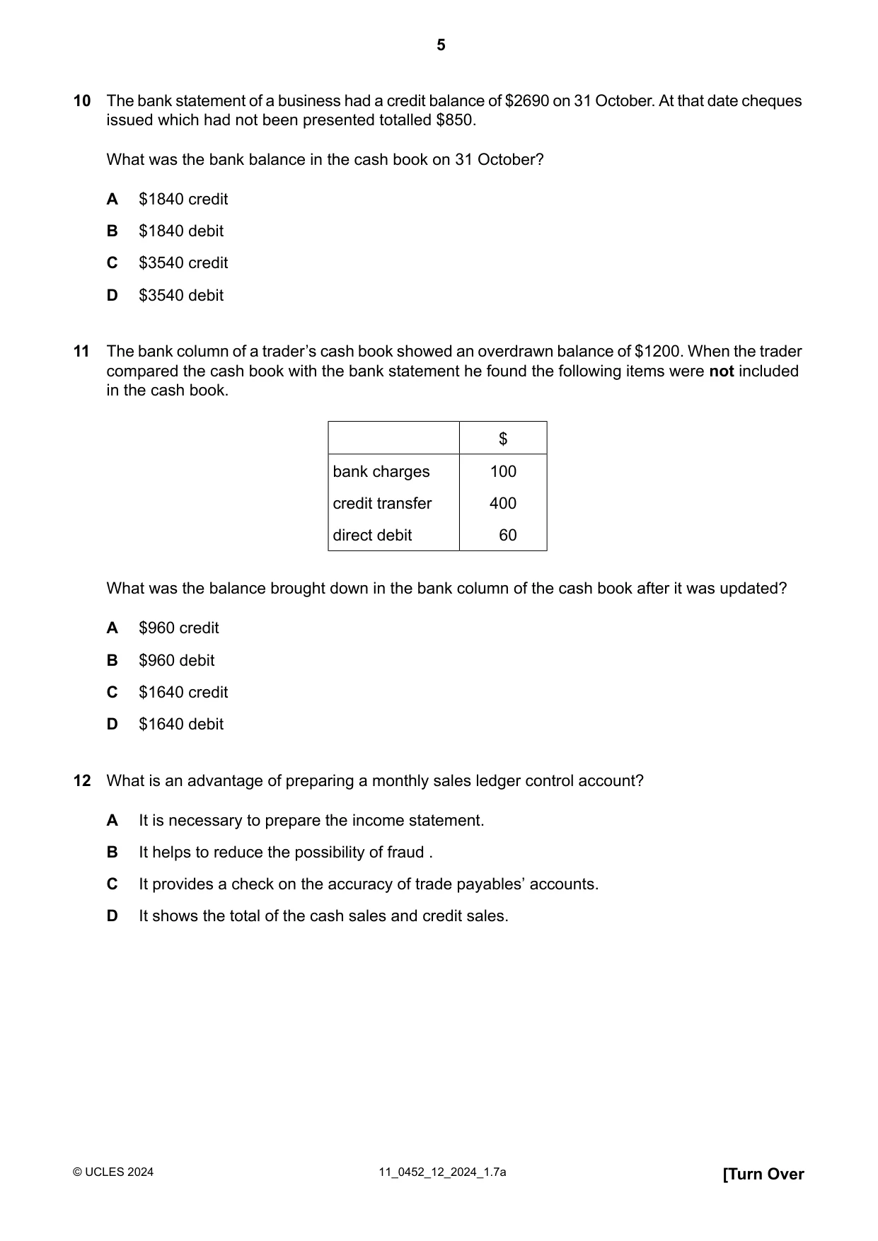 Cambridge IGCSE Accounting 0452 2024 Oct/Nov Paper 1 · Variant 2 question paper, page 5 of 16