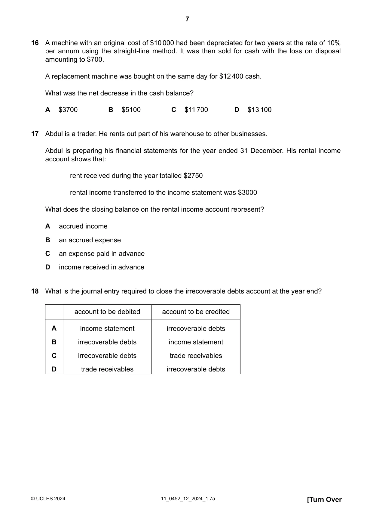 Cambridge IGCSE Accounting 0452 2024 Oct/Nov Paper 1 · Variant 2 question paper, page 7 of 16