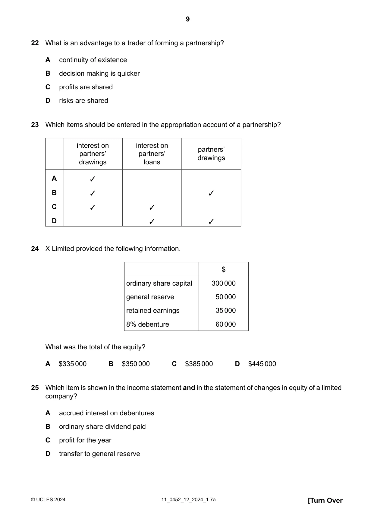 Cambridge IGCSE Accounting 0452 2024 Oct/Nov Paper 1 · Variant 2 question paper, page 9 of 16