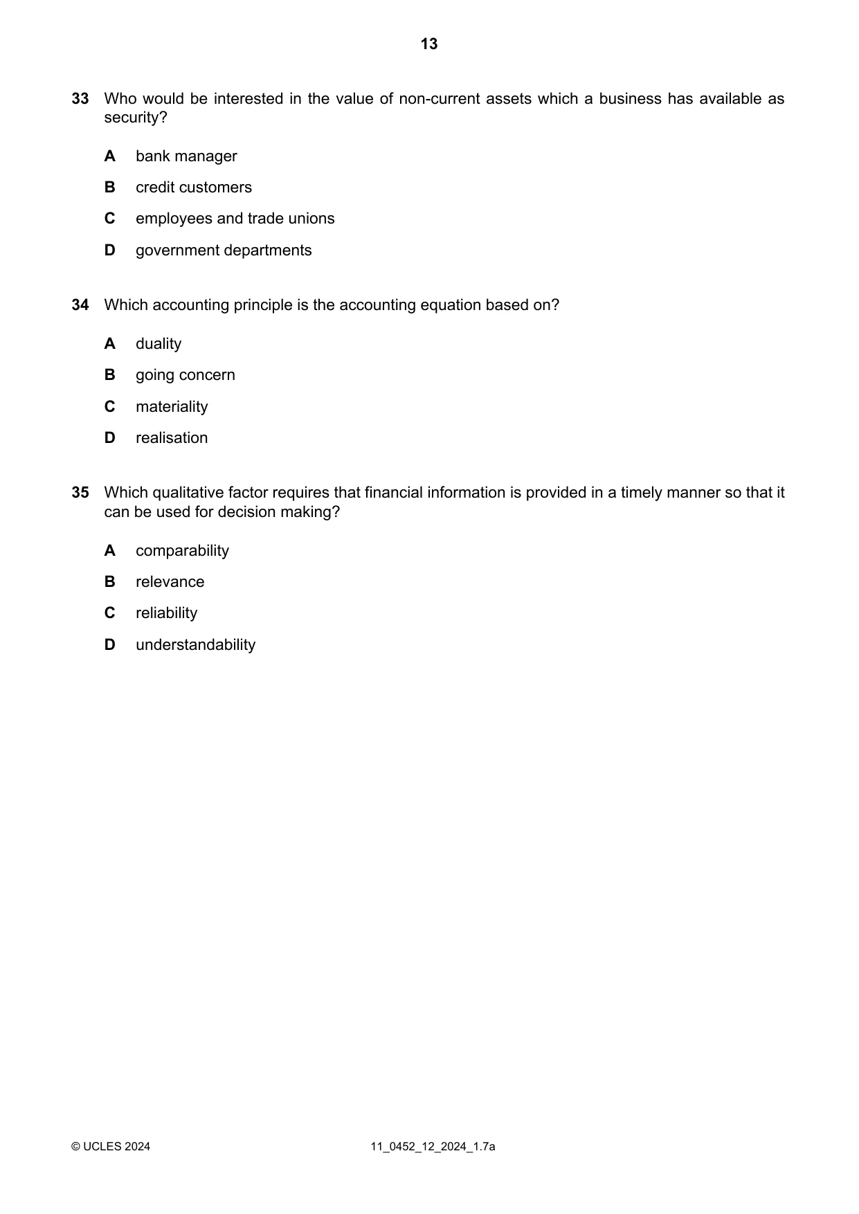 Cambridge IGCSE Accounting 0452 2024 Oct/Nov Paper 1 · Variant 2 question paper, page 13 of 16